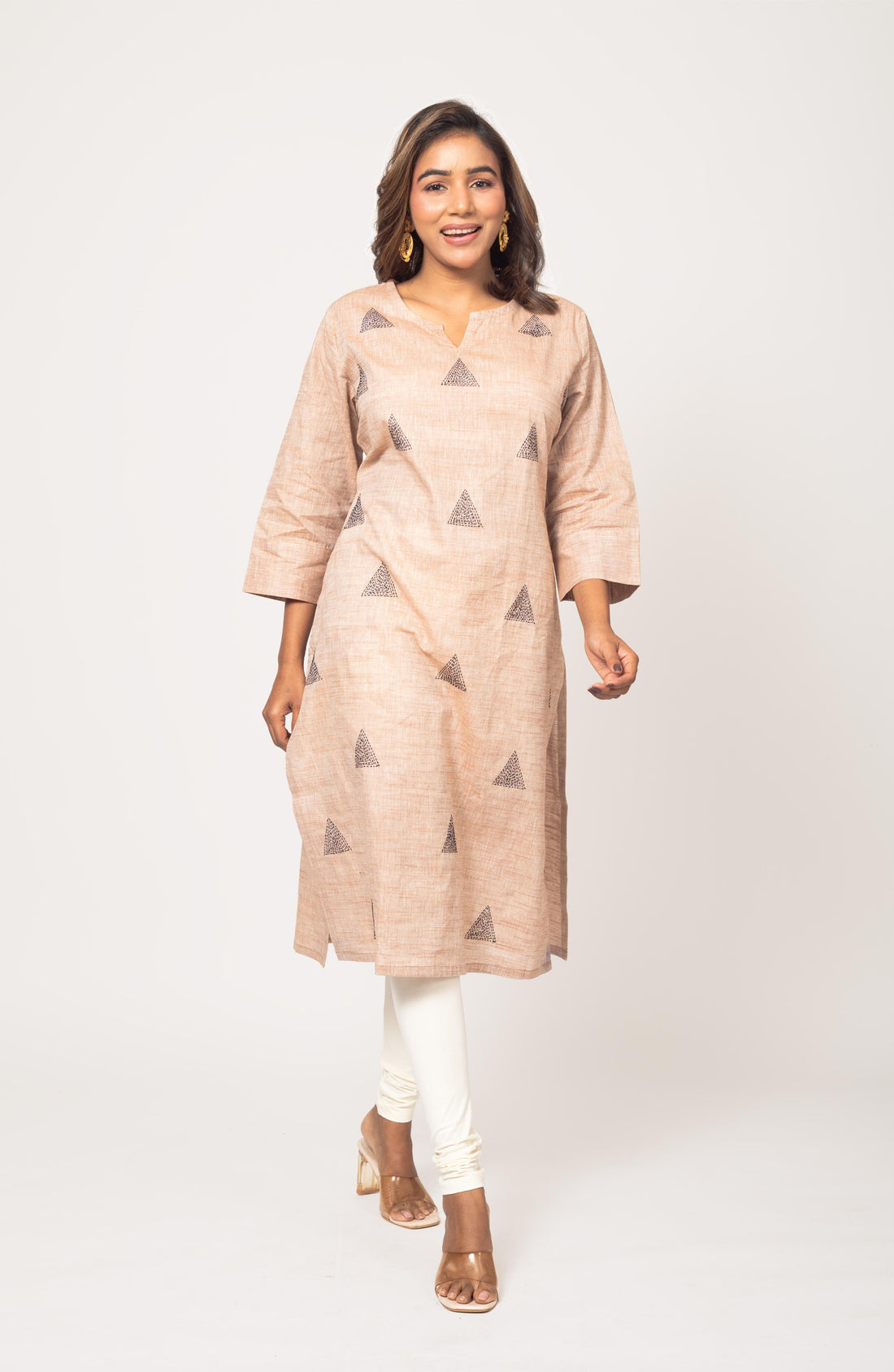 Cream Cotton Hand Embroidered Slim Fit Kurti