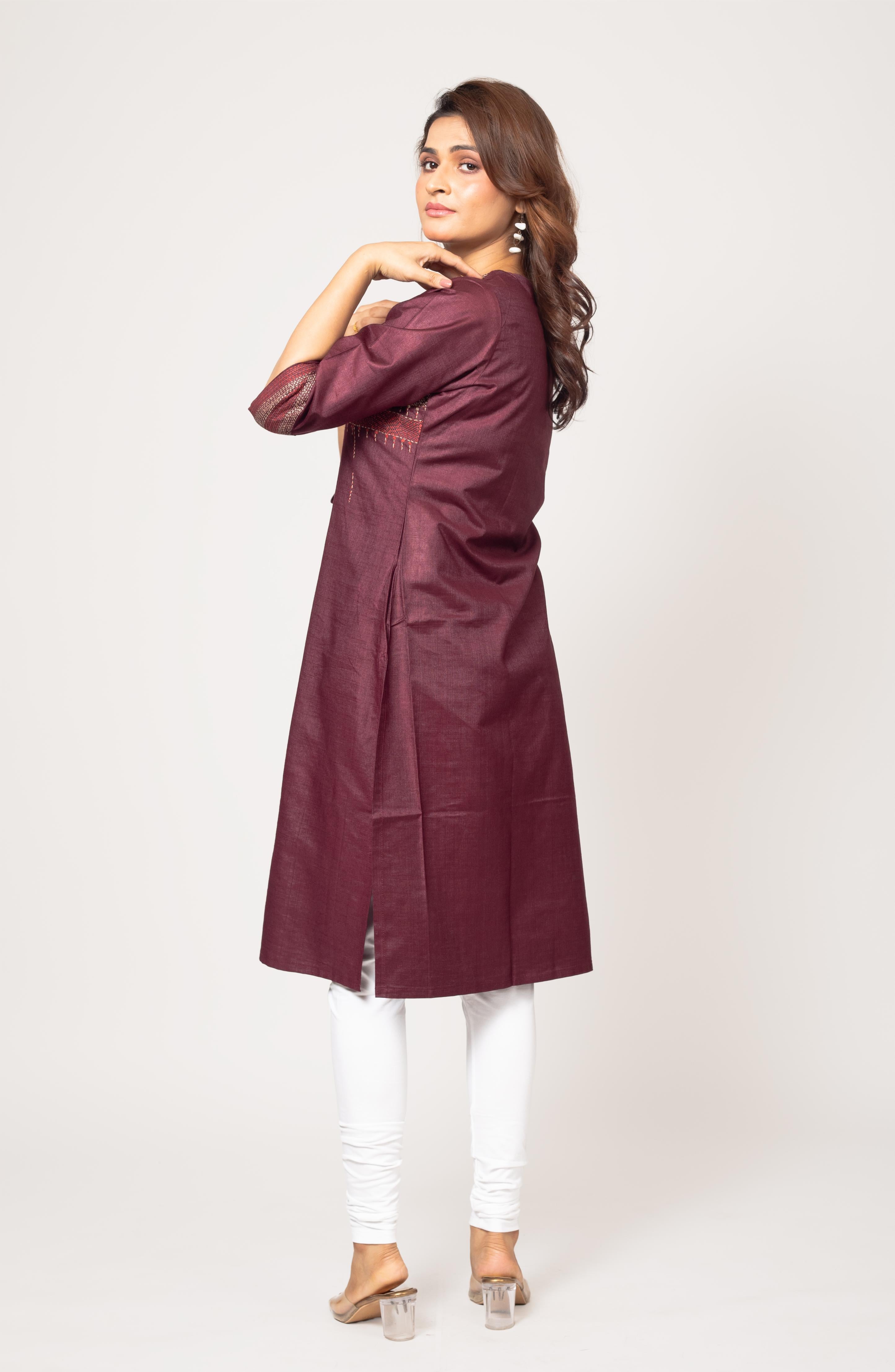 Maroon Silk Hand Embroidered Slim Fit Kurti