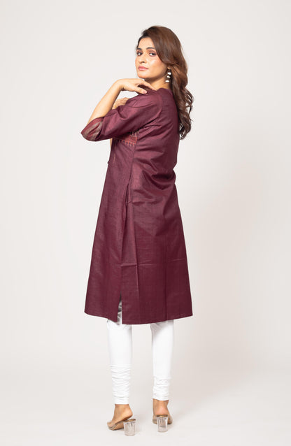 Maroon Silk Hand Embroidered Slim Fit Kurti