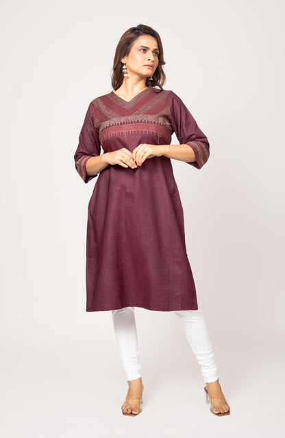 Maroon Silk Hand Embroidered Slim Fit Kurti