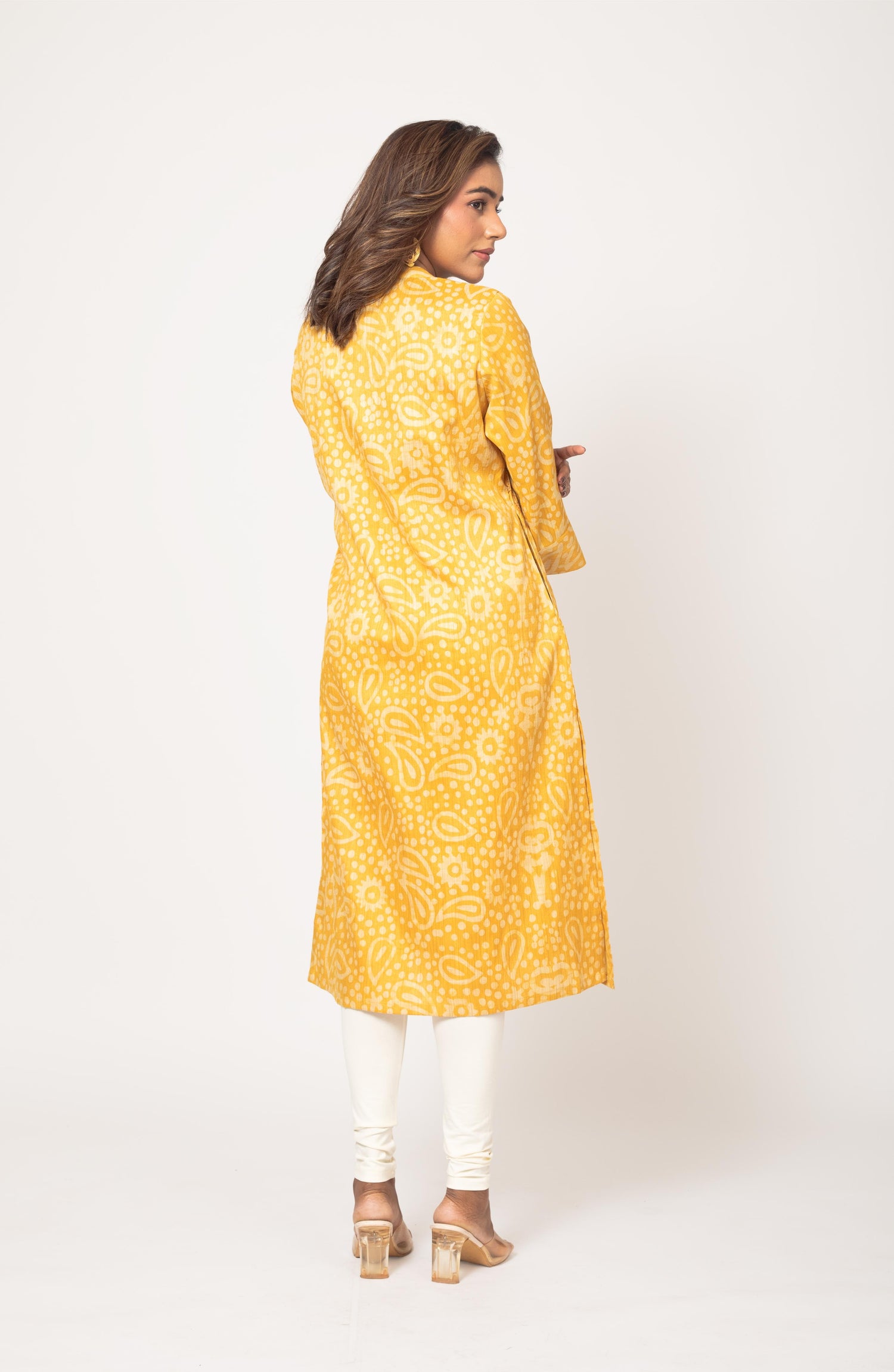 Yellow Block Print Viscose Hand Embroidered Slim Fit Kurti