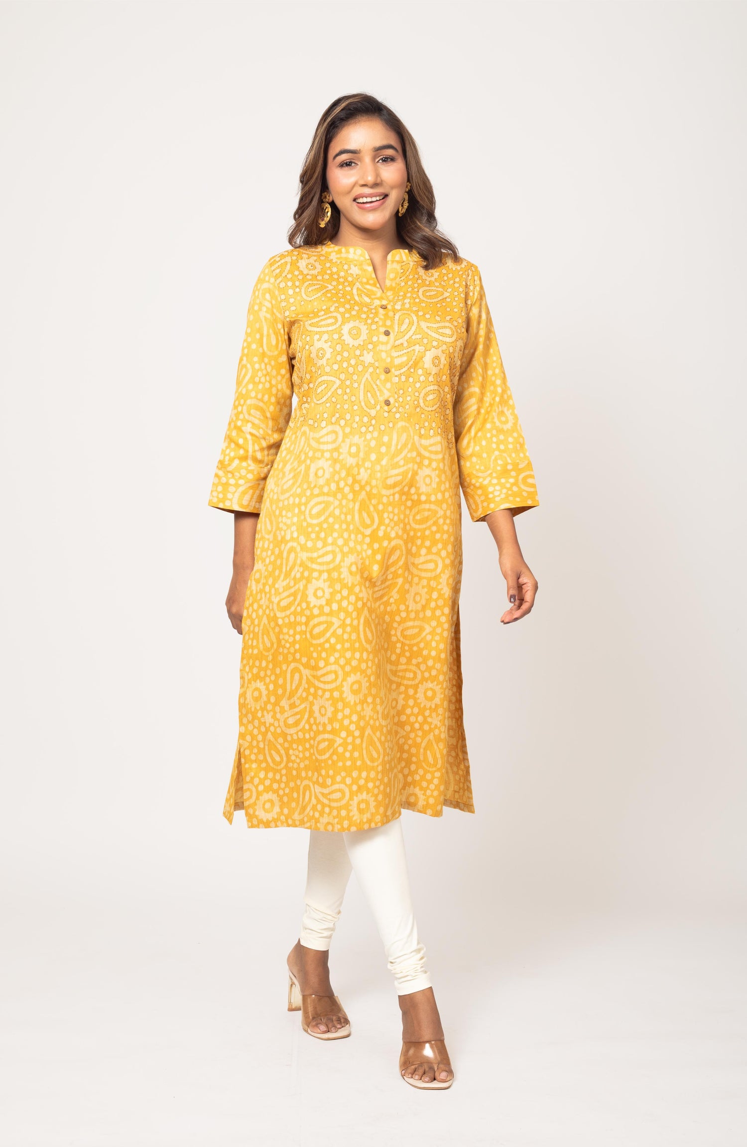 Yellow Block Print Viscose Hand Embroidered Slim Fit Kurti
