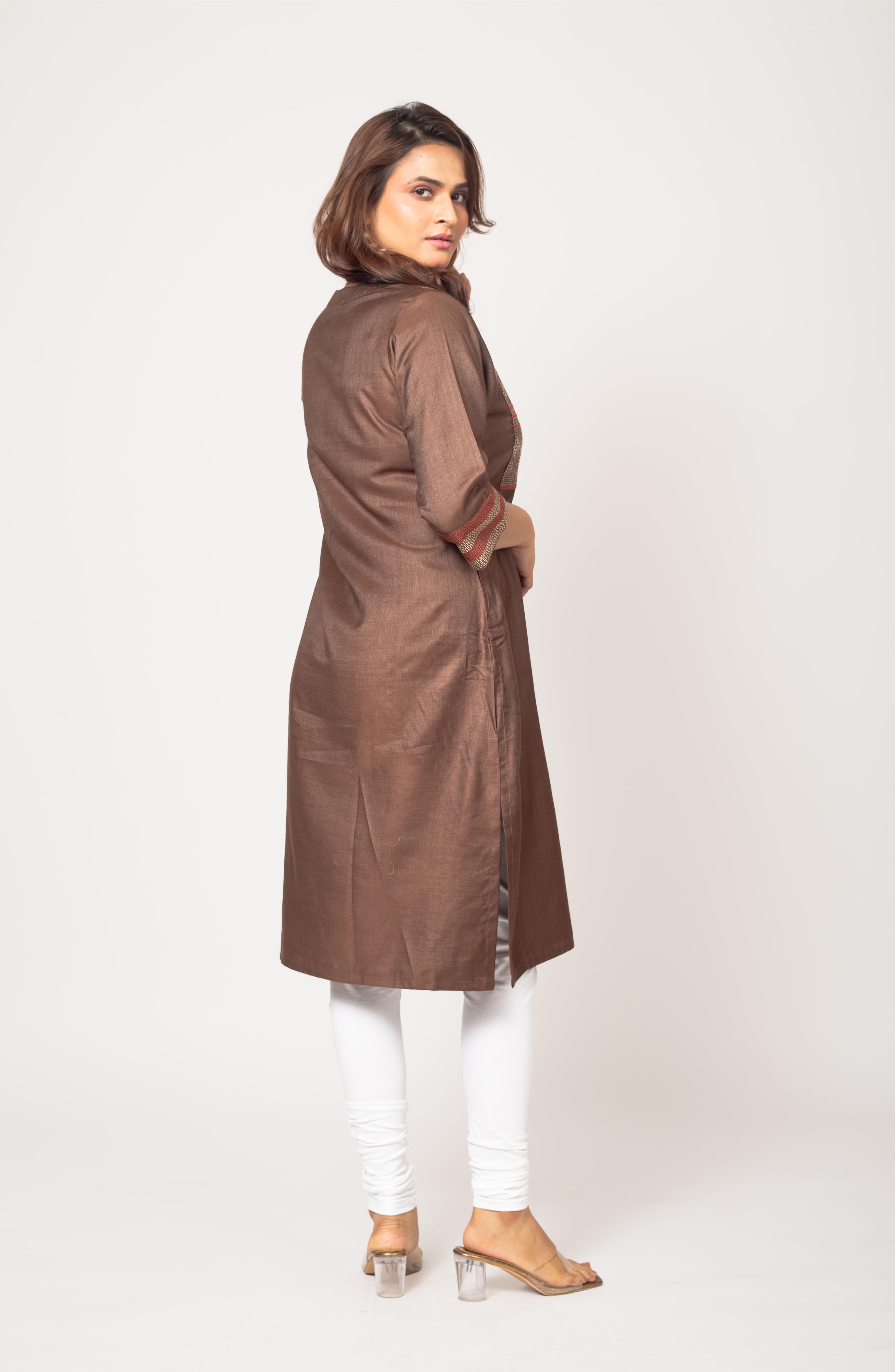 Brown Silk Hand Embroidered Slim Fit Kurti