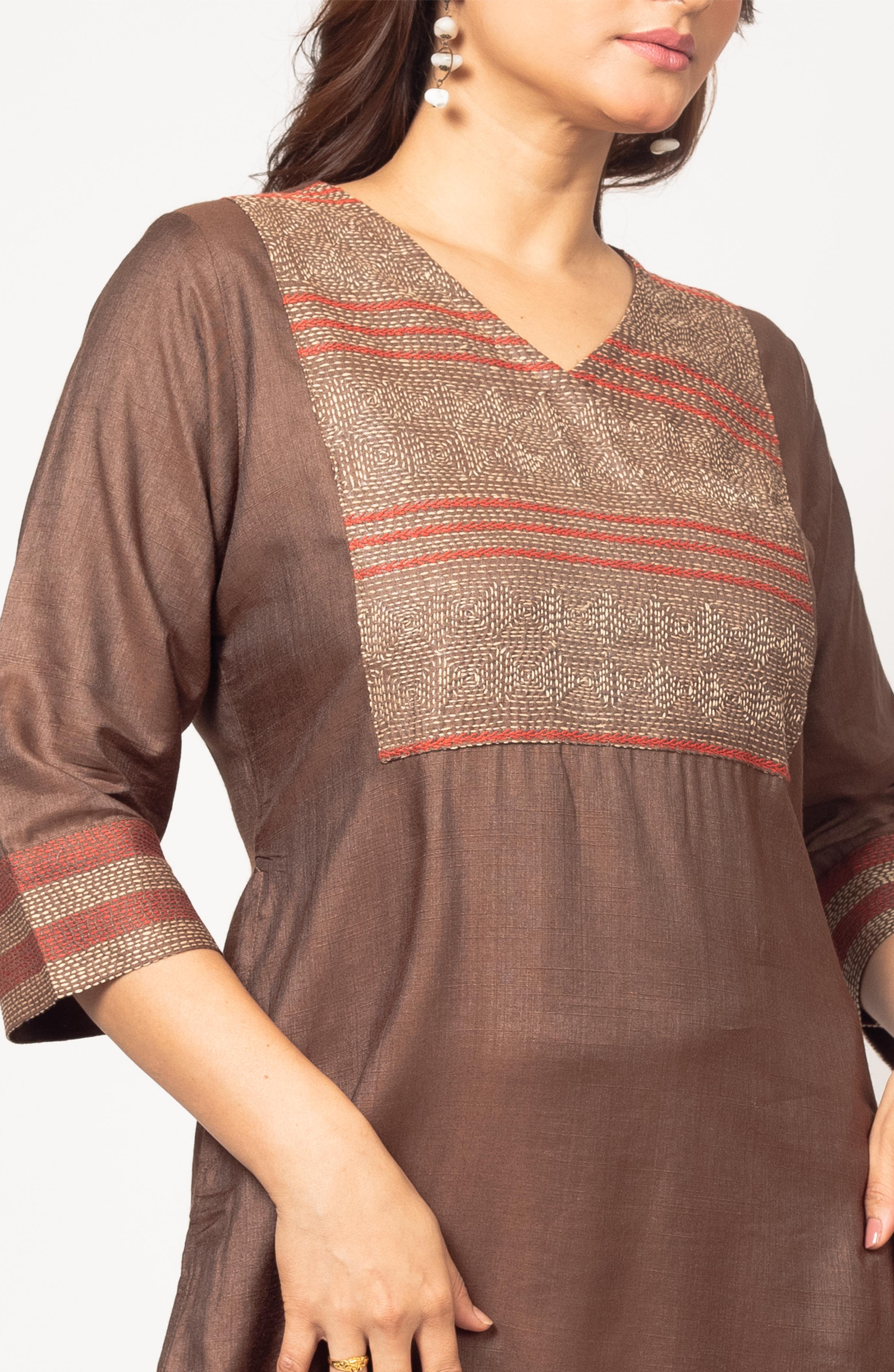 Brown Silk Hand Embroidered Slim Fit Kurti