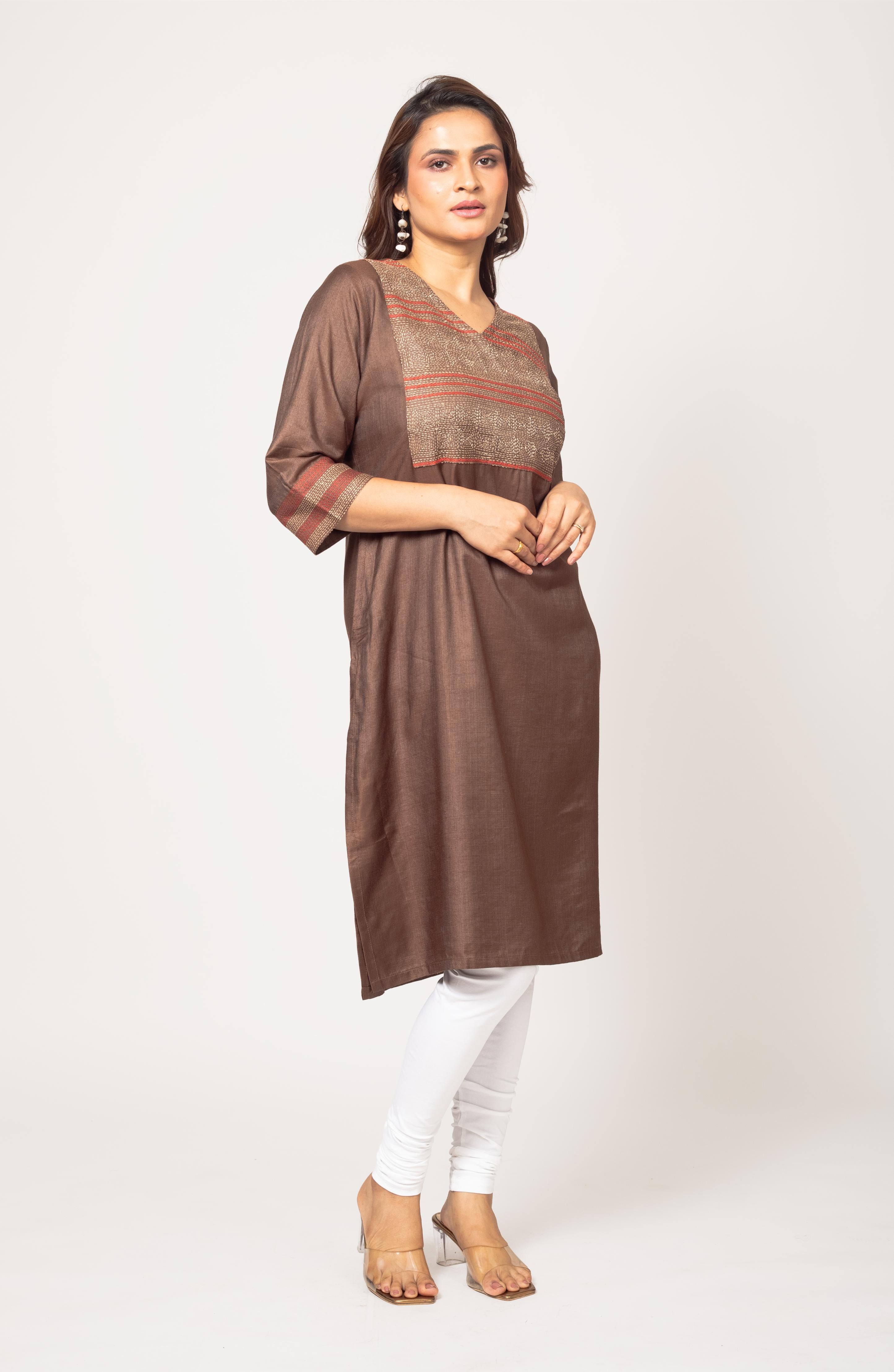 Brown Silk Hand Embroidered Slim Fit Kurti