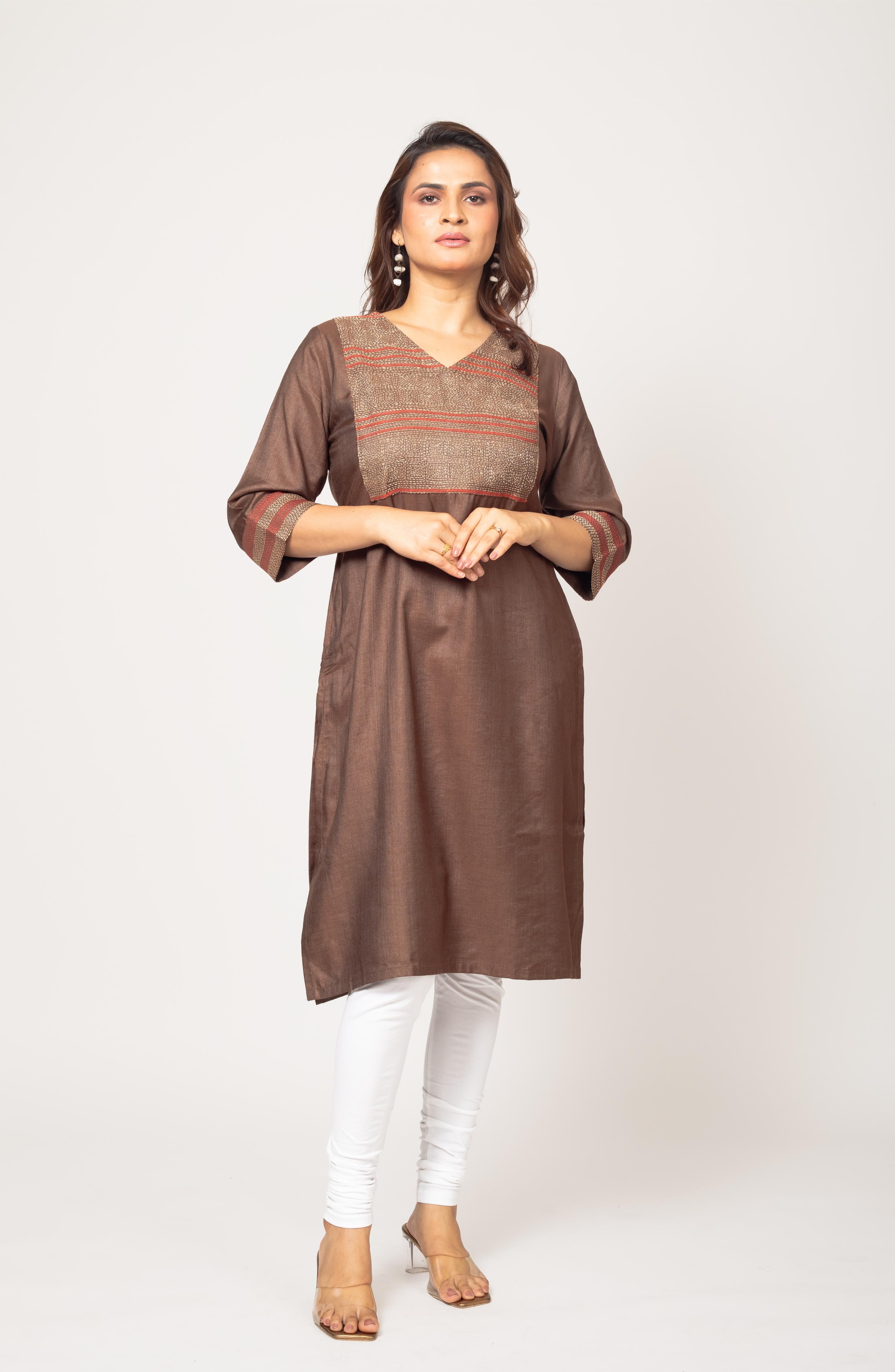 Brown Silk Hand Embroidered Slim Fit Kurti