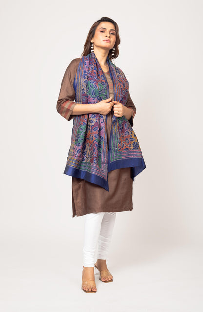 Dark Blue Floral Pure Silk Stole