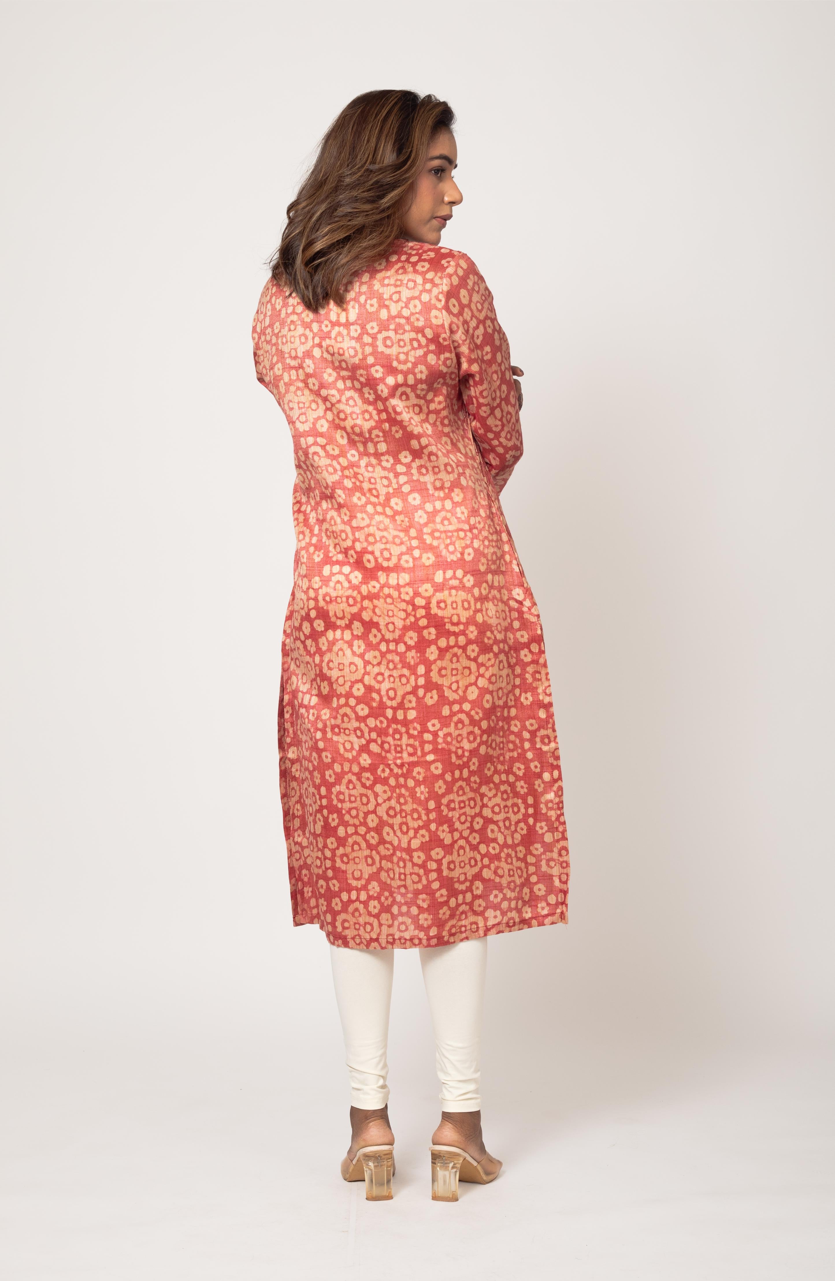 Burnt Orange Block Cotton Hand Embroidered Slim Fit Kurti