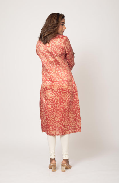 Burnt Orange Block Cotton Hand Embroidered Slim Fit Kurti