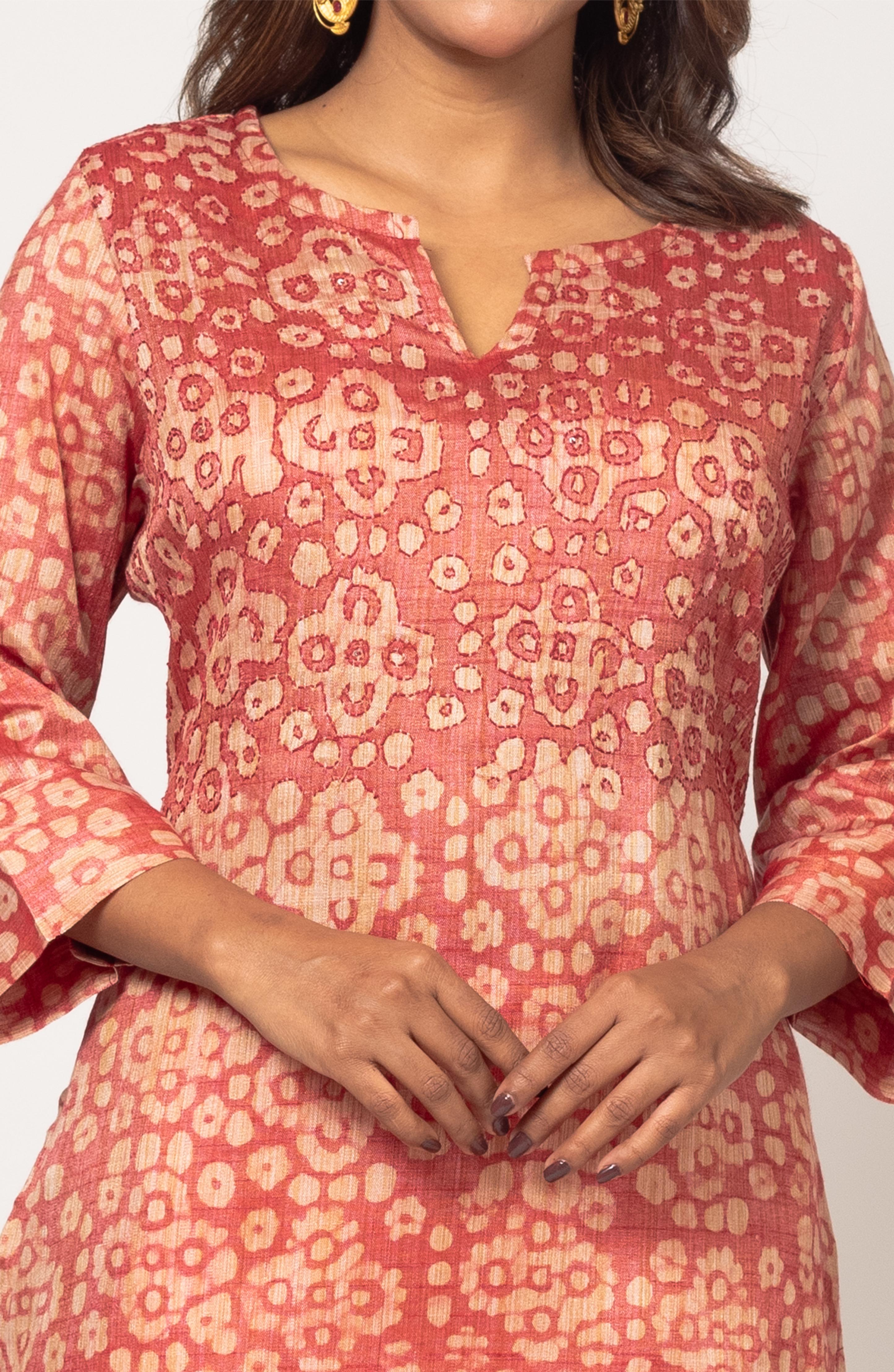 Burnt Orange Block Cotton Hand Embroidered Slim Fit Kurti