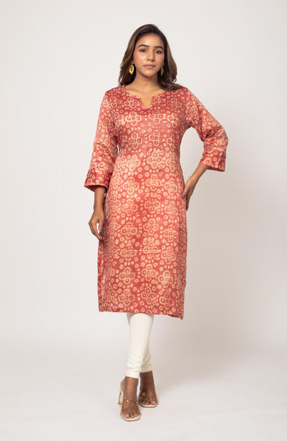 Burnt Orange Block Cotton Hand Embroidered Slim Fit Kurti