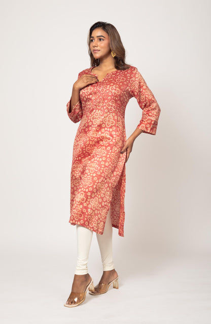 Burnt Orange Block Cotton Hand Embroidered Slim Fit Kurti