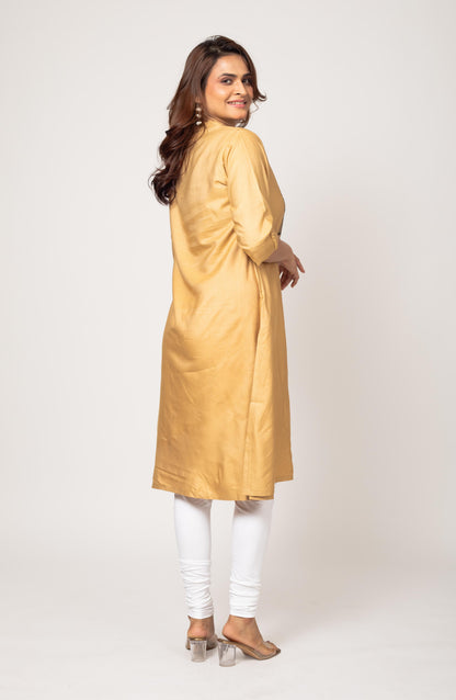 Tan Silk Hand Embroidered Slim Fit Kurti