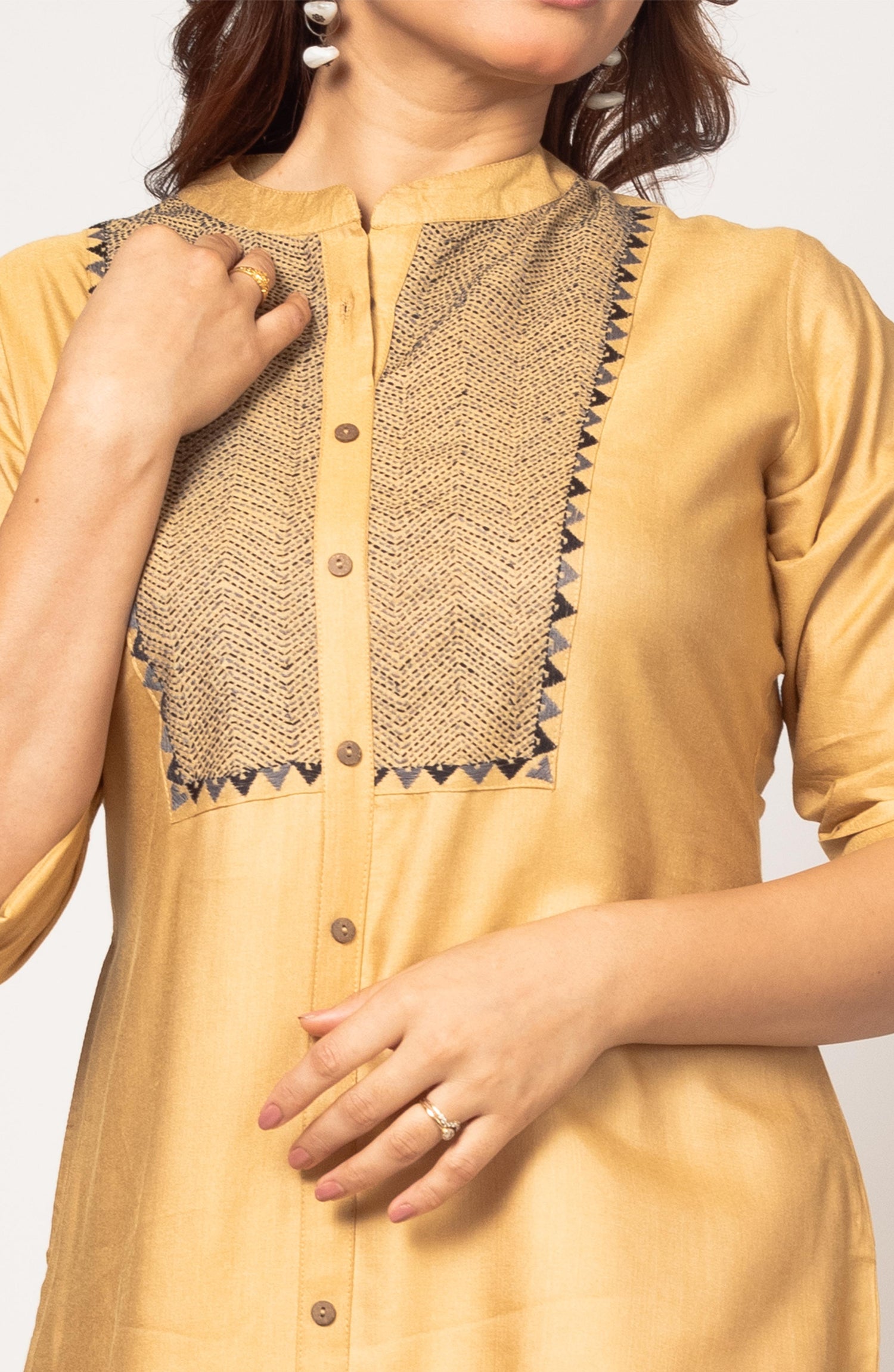 Tan Silk Hand Embroidered Slim Fit Kurti