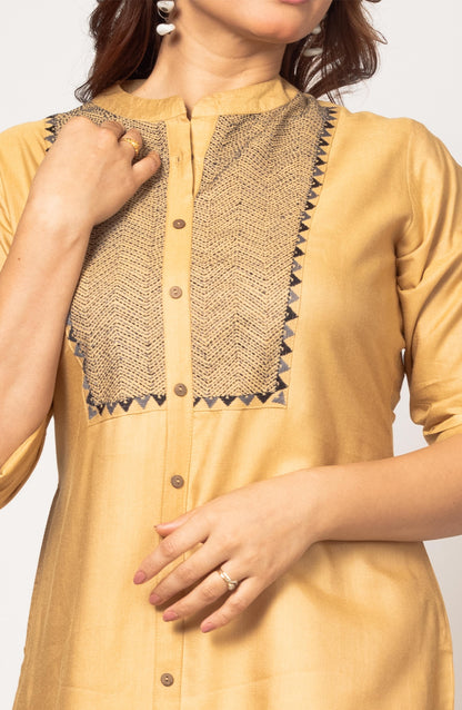 Tan Silk Hand Embroidered Slim Fit Kurti