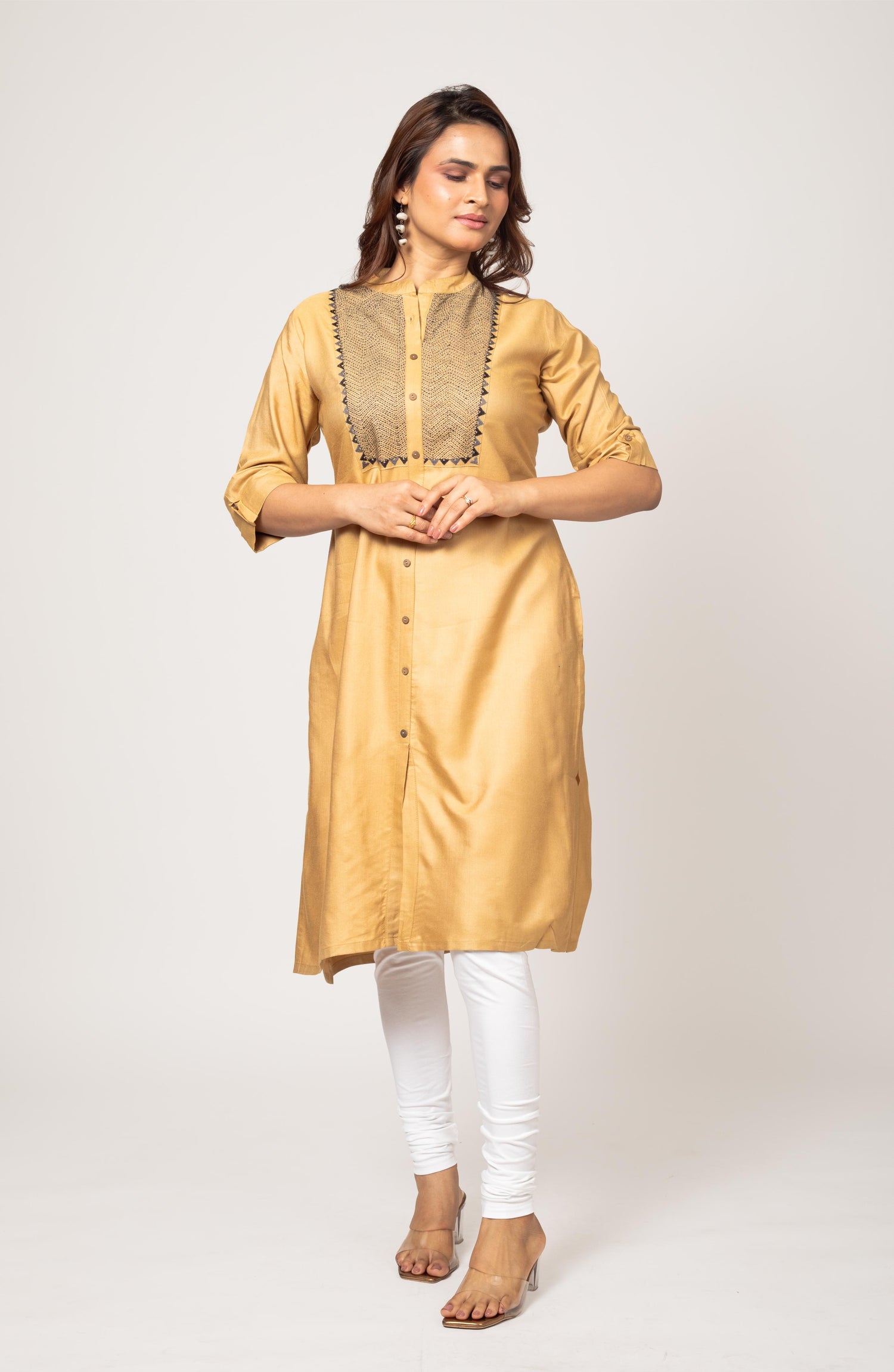 Tan Silk Hand Embroidered Slim Fit Kurti