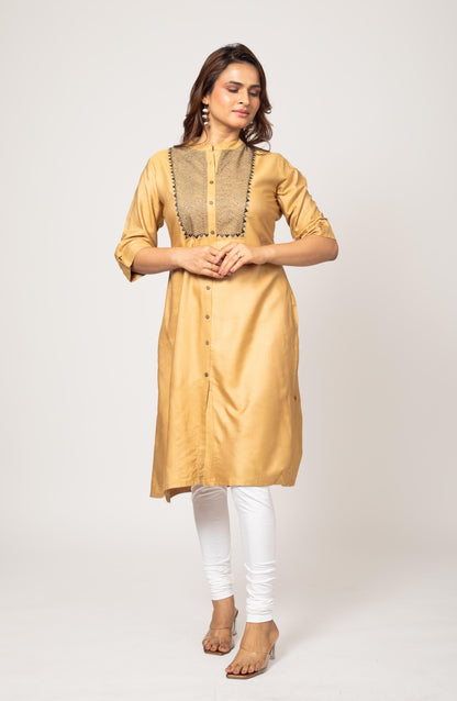 Tan Silk Hand Embroidered Slim Fit Kurti