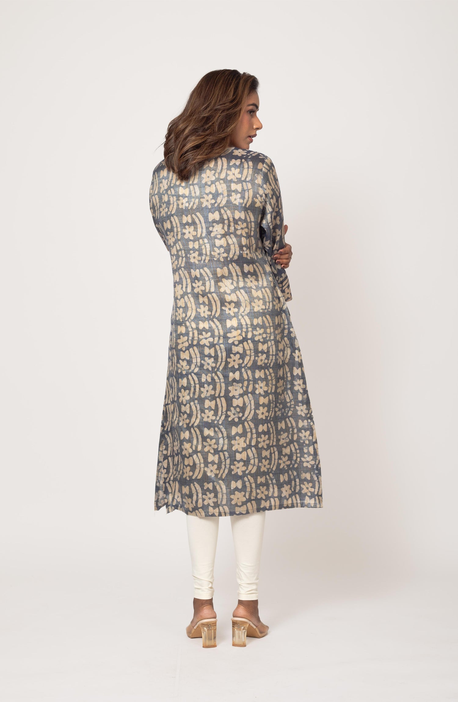 Grey Block Cotton Hand Embroidered Slim Fit Kurti