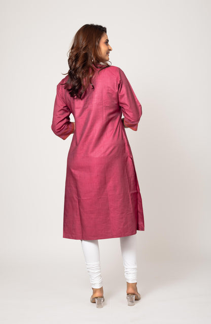 Pink Silk Hand Embroidered Slim Fit Kurti