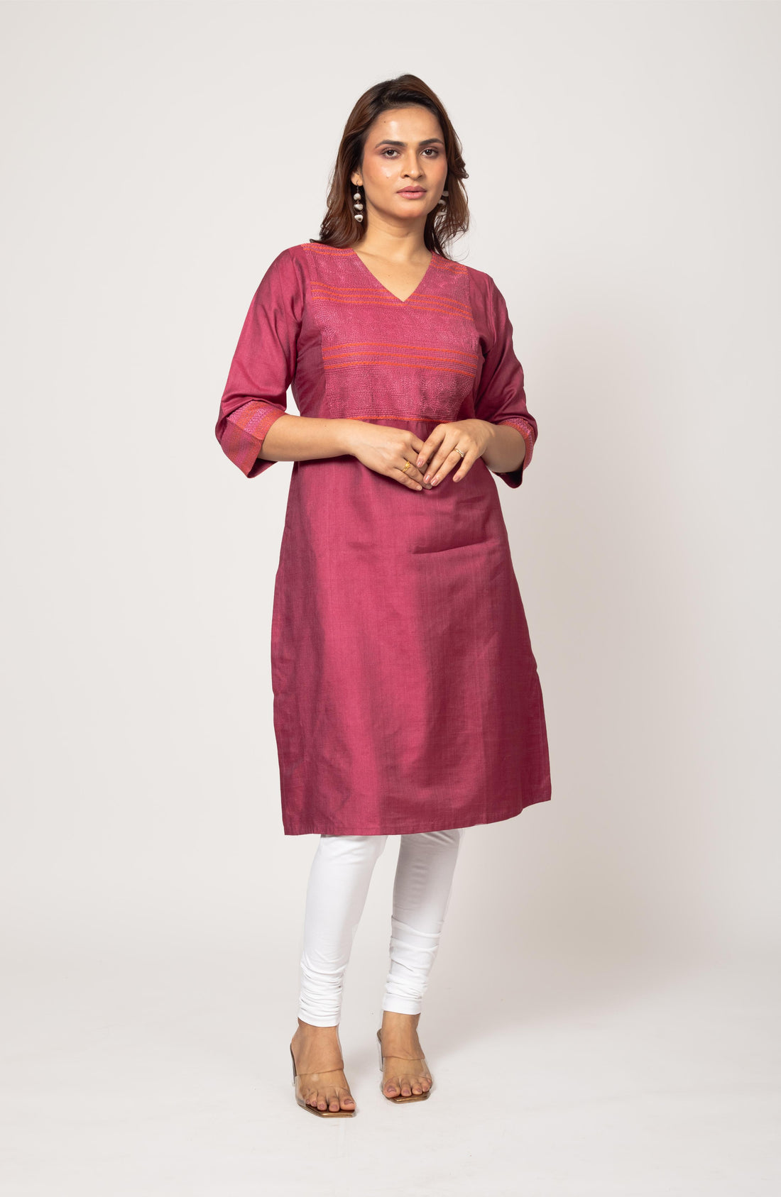 Pink Silk Hand Embroidered Slim Fit Kurti