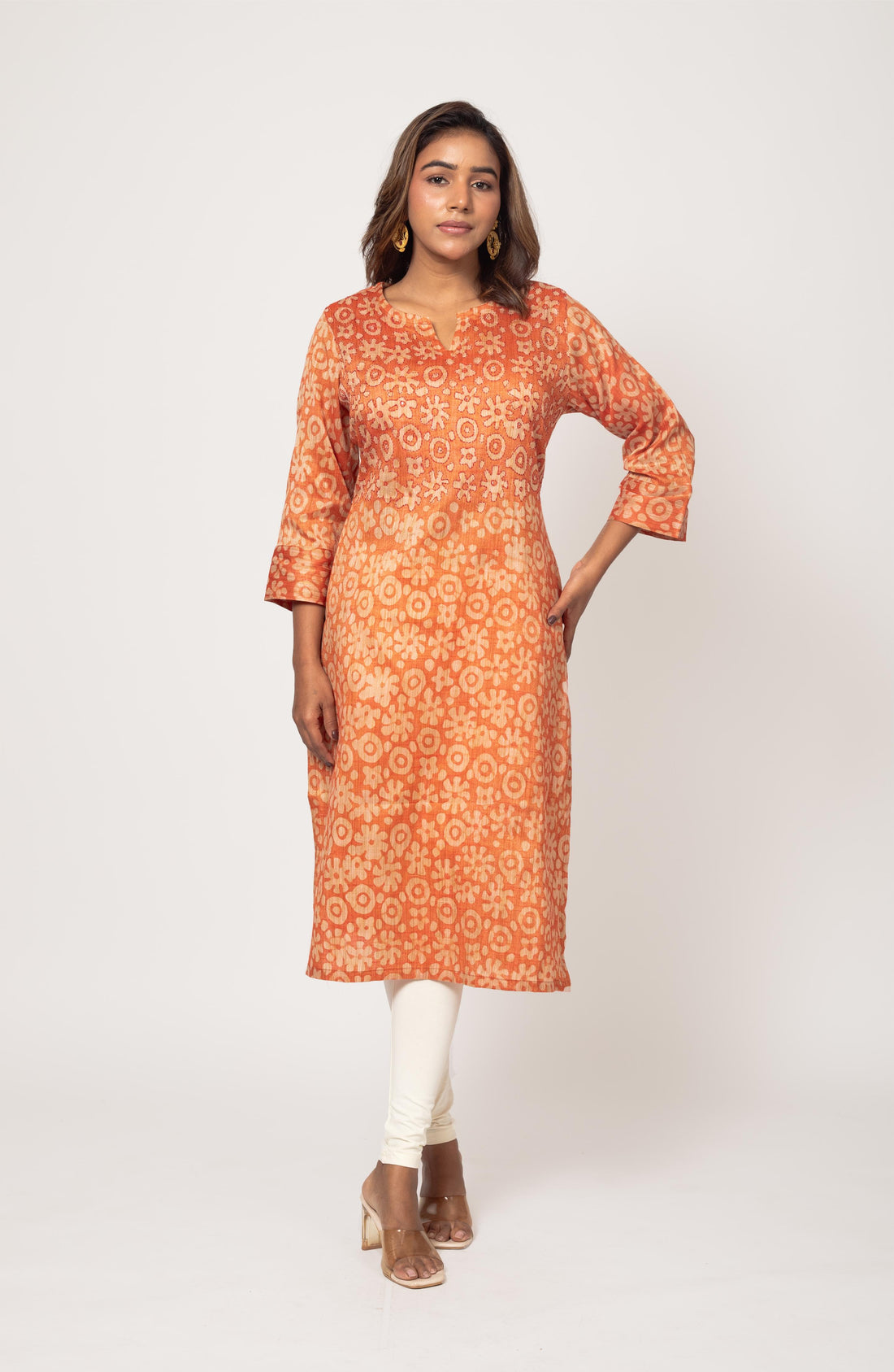 Orange Block Cotton Hand Embroidered Slim Fit Kurti