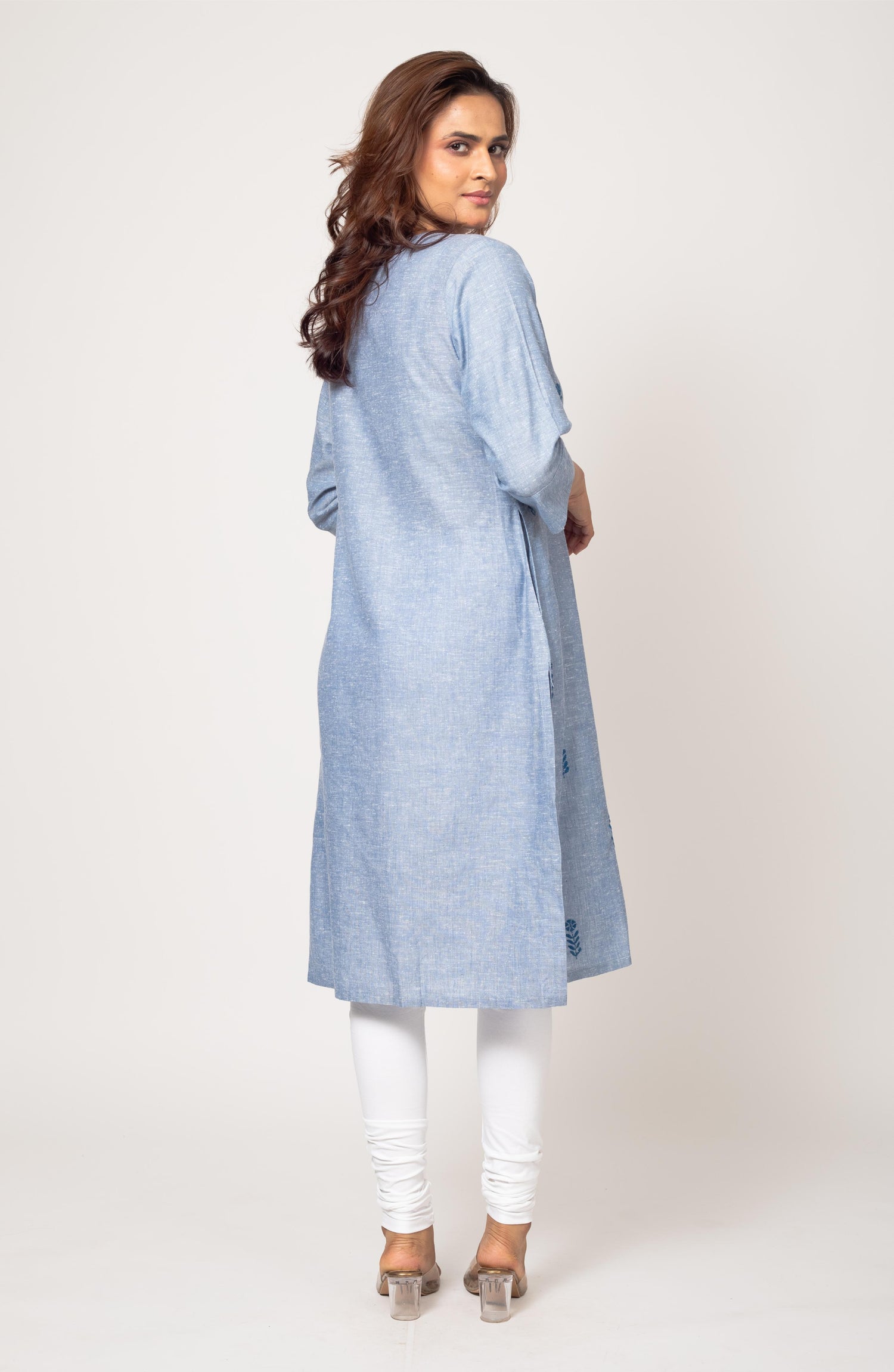 Light Blue Cotton Hand Embroidered Slim Fit Kurti