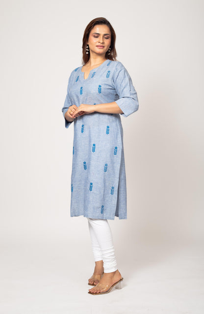 Light Blue Cotton Hand Embroidered Slim Fit Kurti