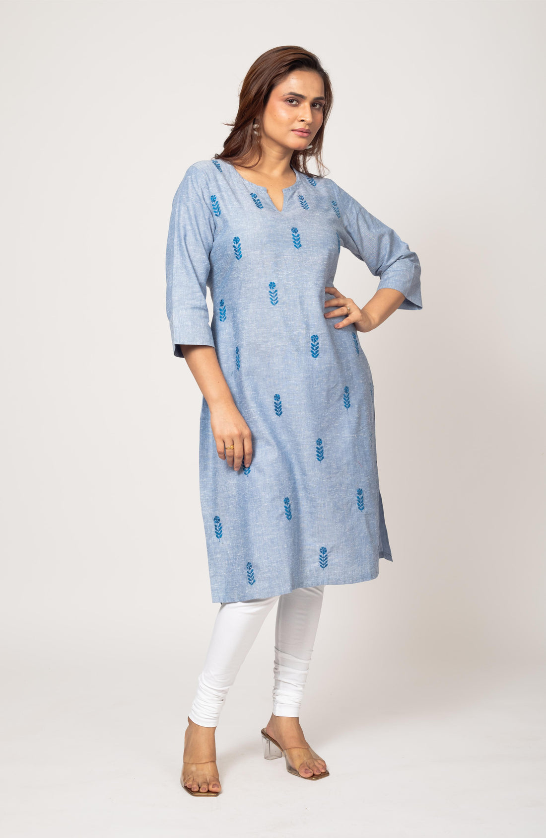 Light Blue Cotton Hand Embroidered Slim Fit Kurti