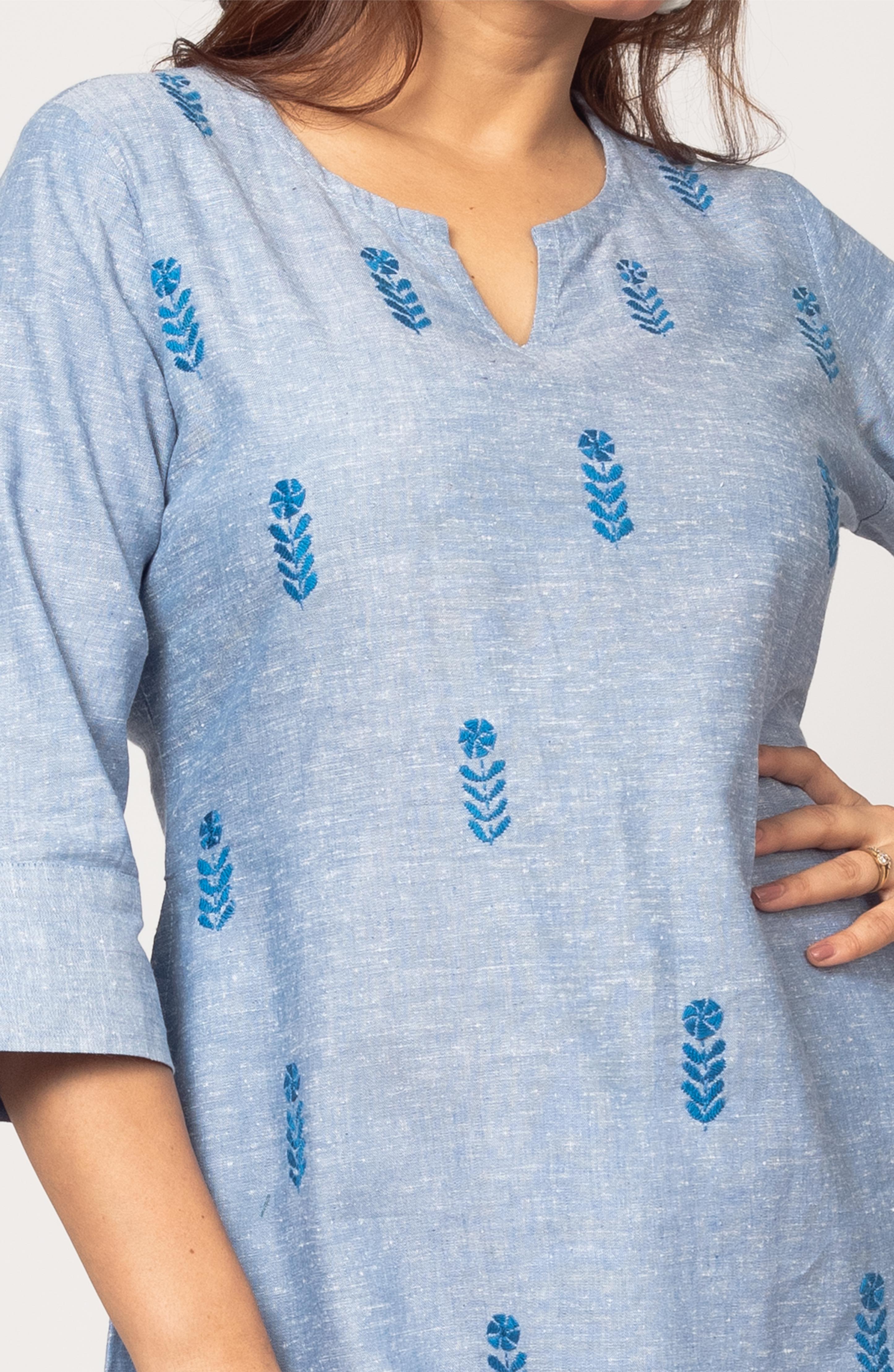 Light Blue Cotton Hand Embroidered Slim Fit Kurti