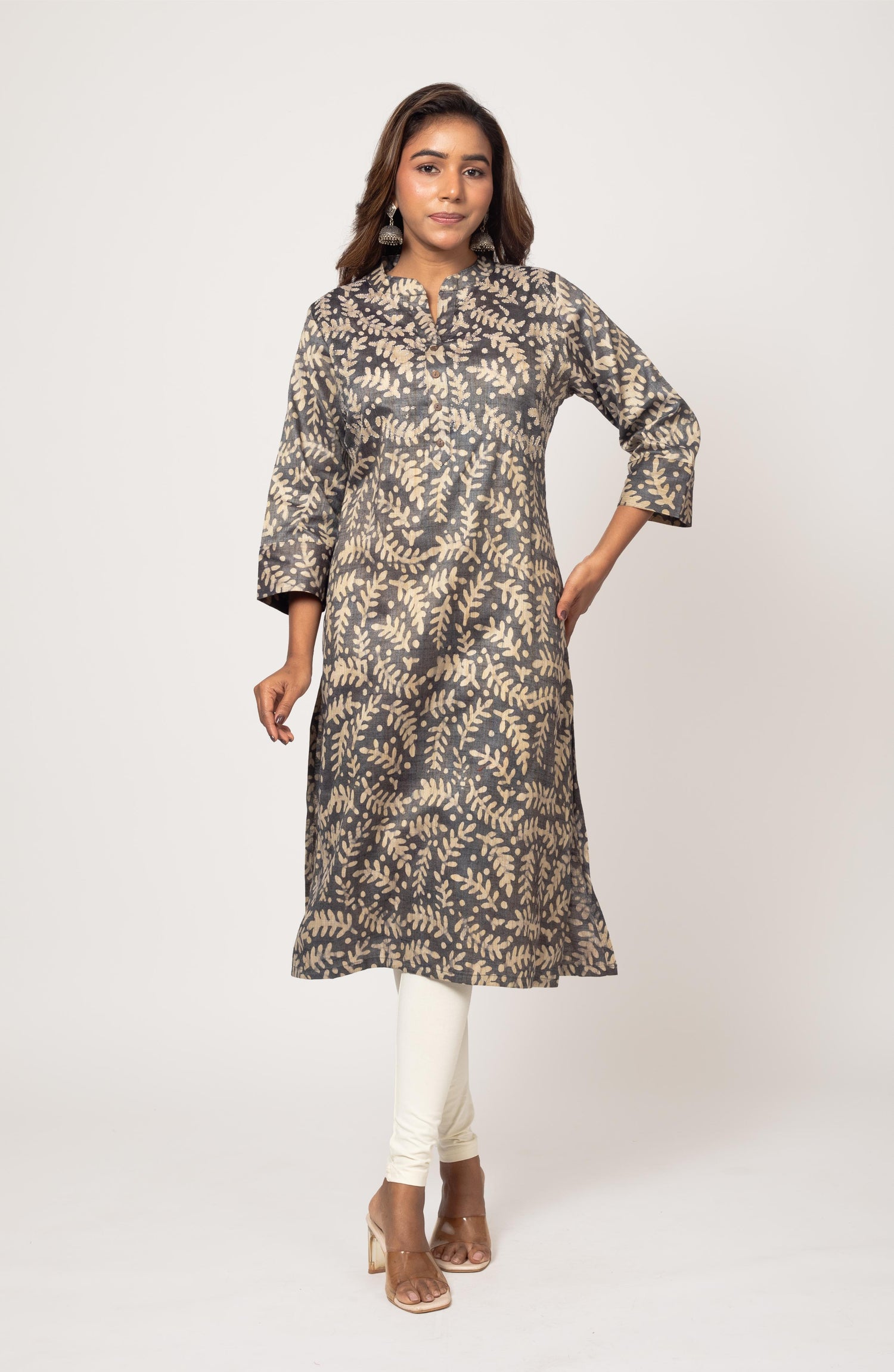 Grey Block Print Viscose Hand Embroidered Slim Fit Kurti