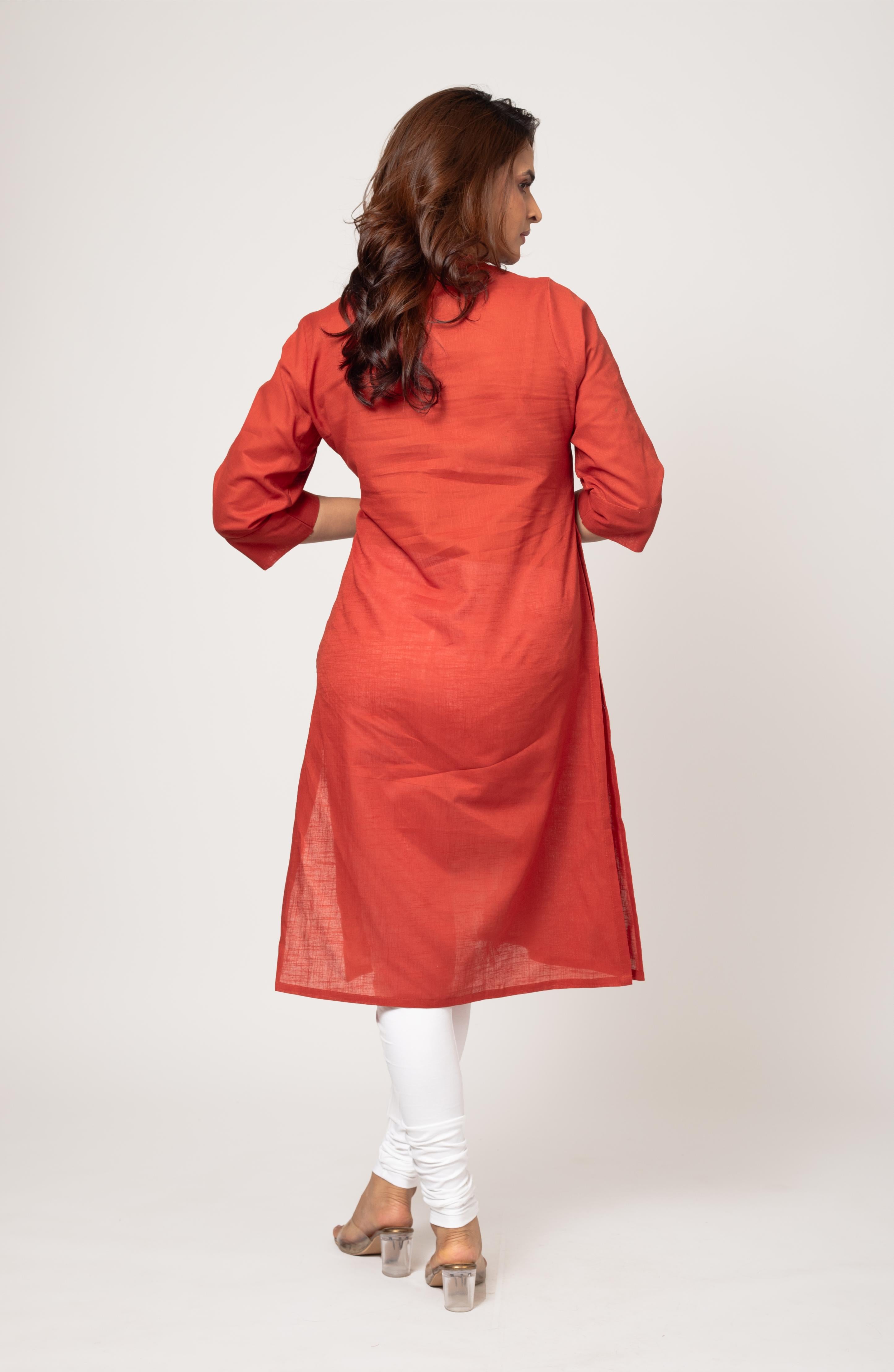 Tangerine Cotton Hand Embroidered Slim Fit Kurti
