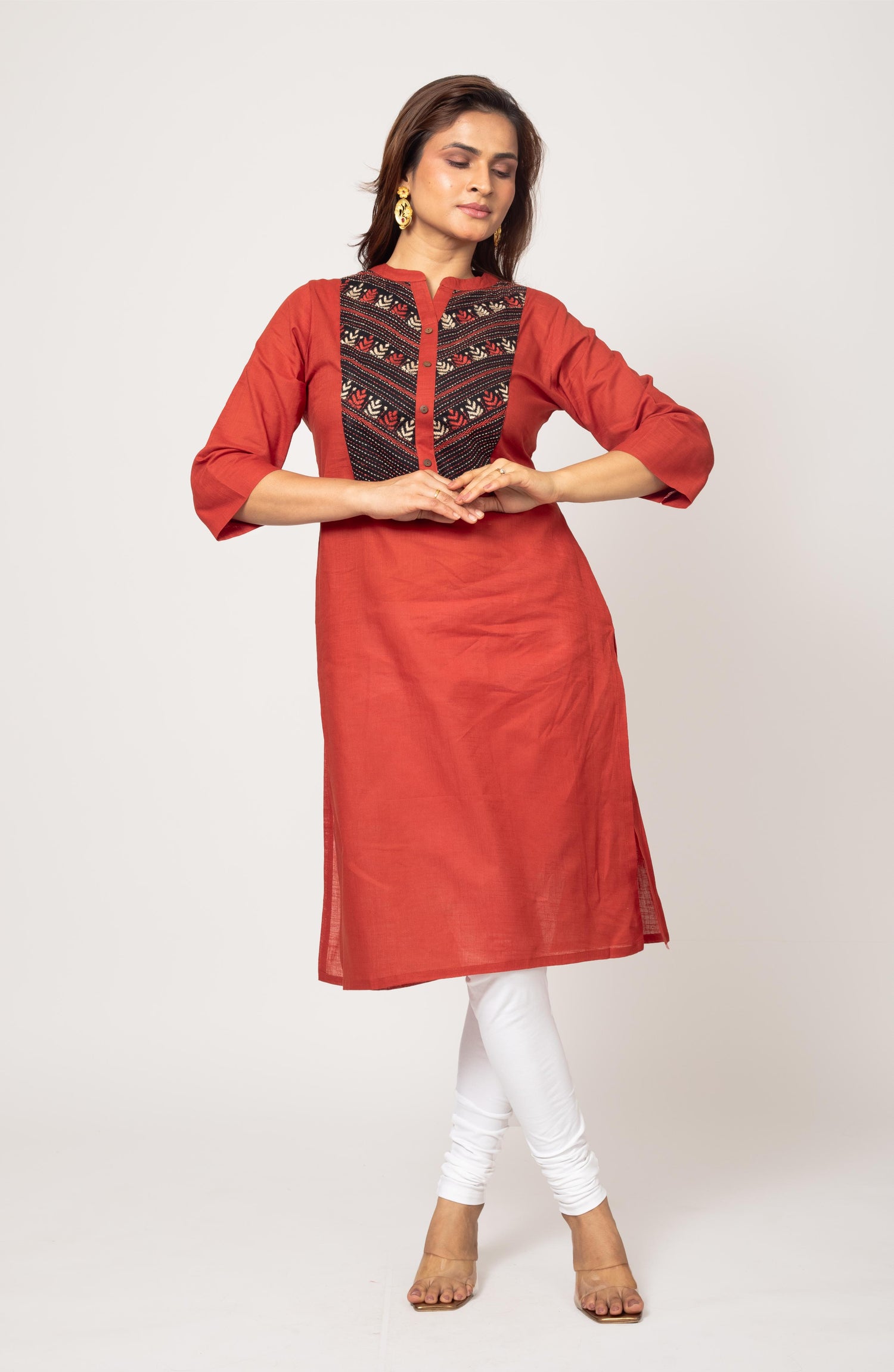 Tangerine Cotton Hand Embroidered Slim Fit Kurti