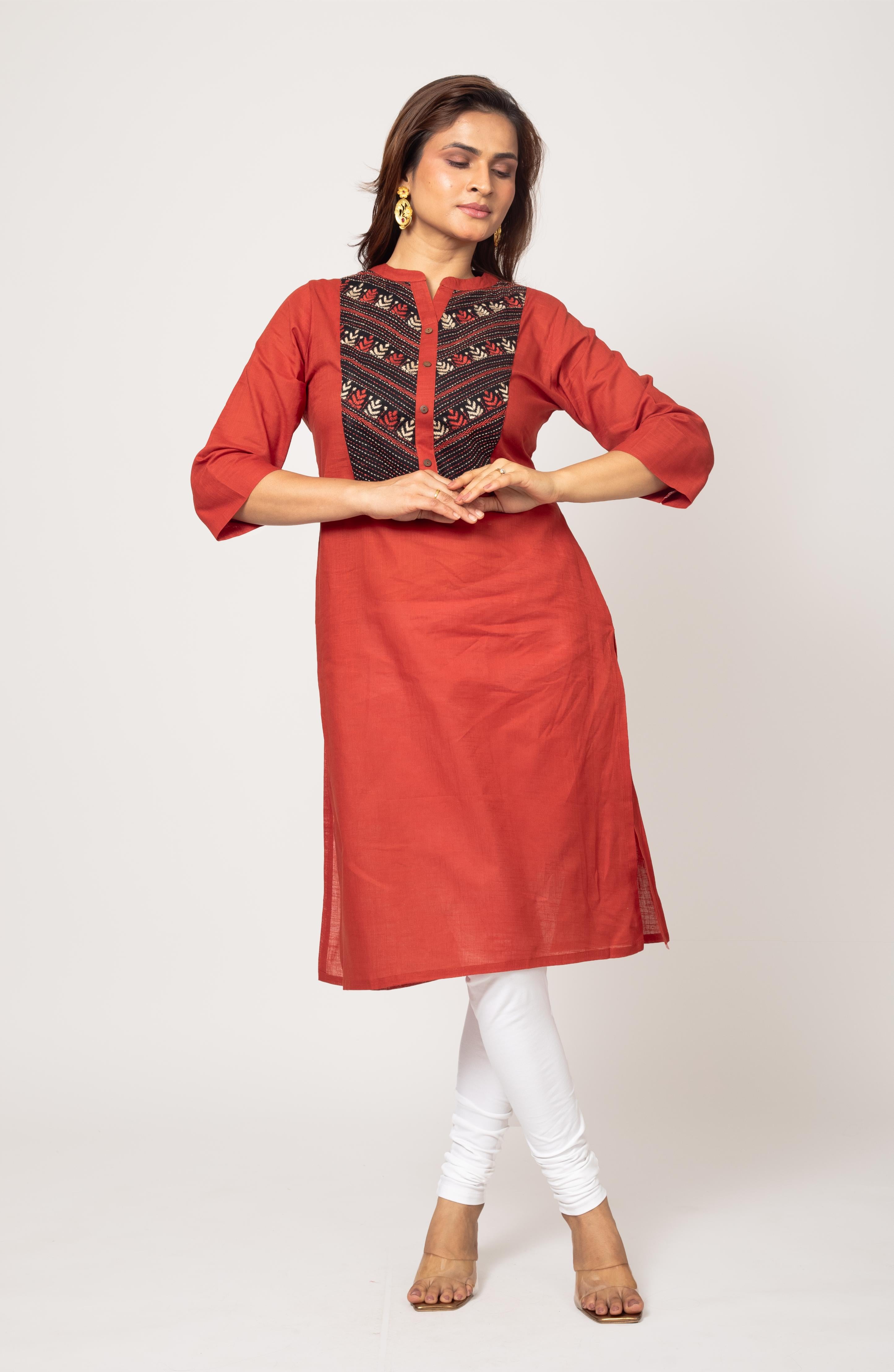 Tangerine Cotton Hand Embroidered Slim Fit Kurti