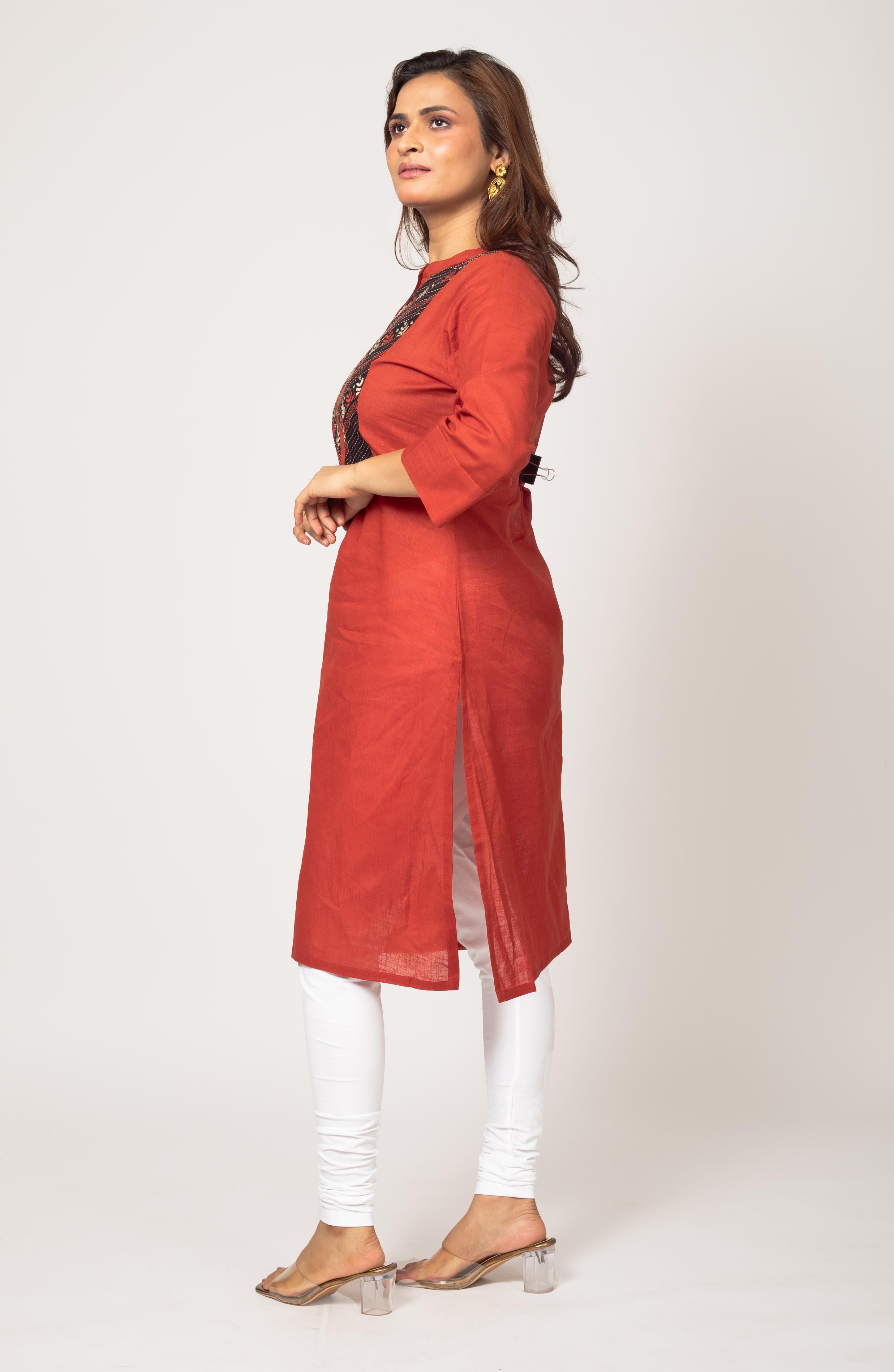 Tangerine Cotton Hand Embroidered Slim Fit Kurti