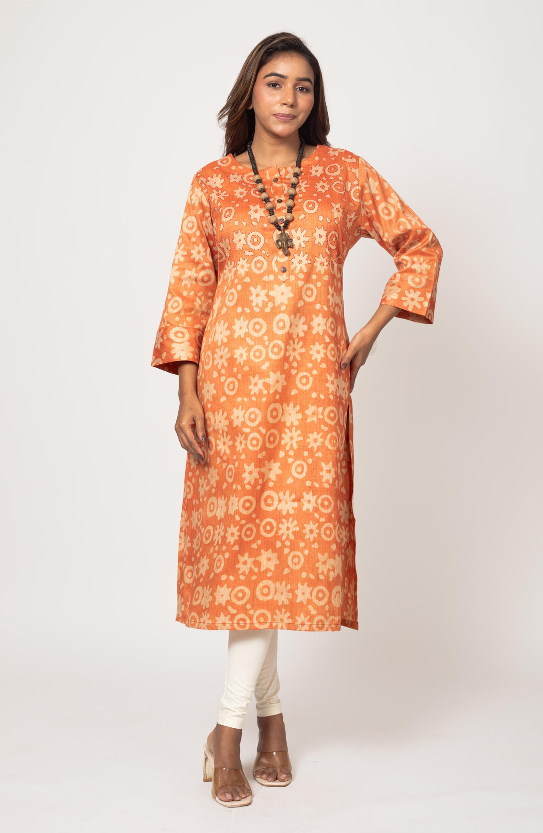 Orange Block Print Viscose Hand Embroidered Slim Fit Kurti