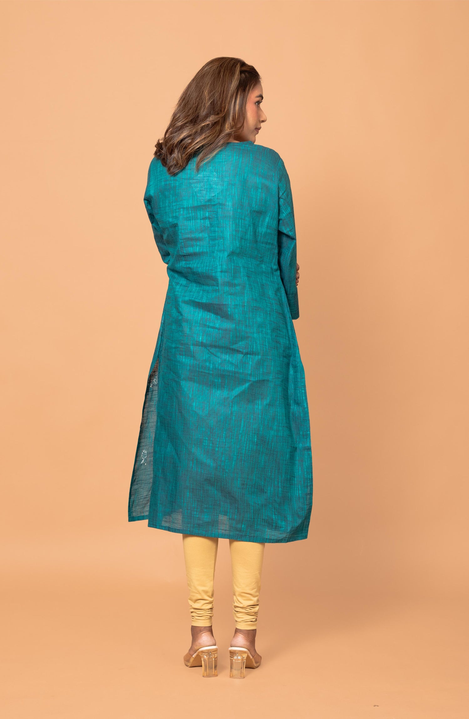 Teal Green Cotton Hand Embroidered Slim Fit Kurti