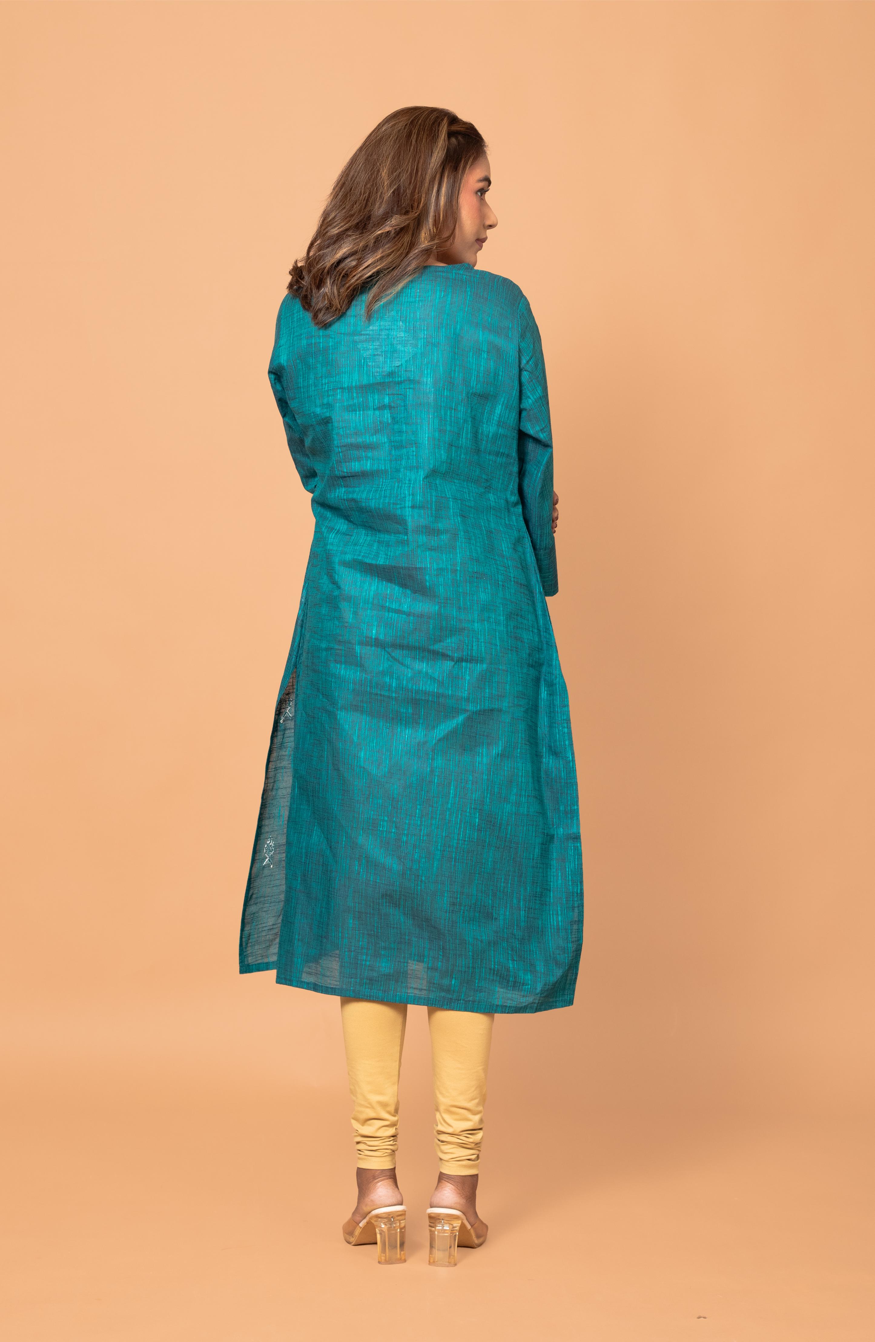 Teal Green Cotton Hand Embroidered Slim Fit Kurti