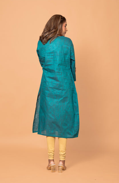 Teal Green Cotton Hand Embroidered Slim Fit Kurti