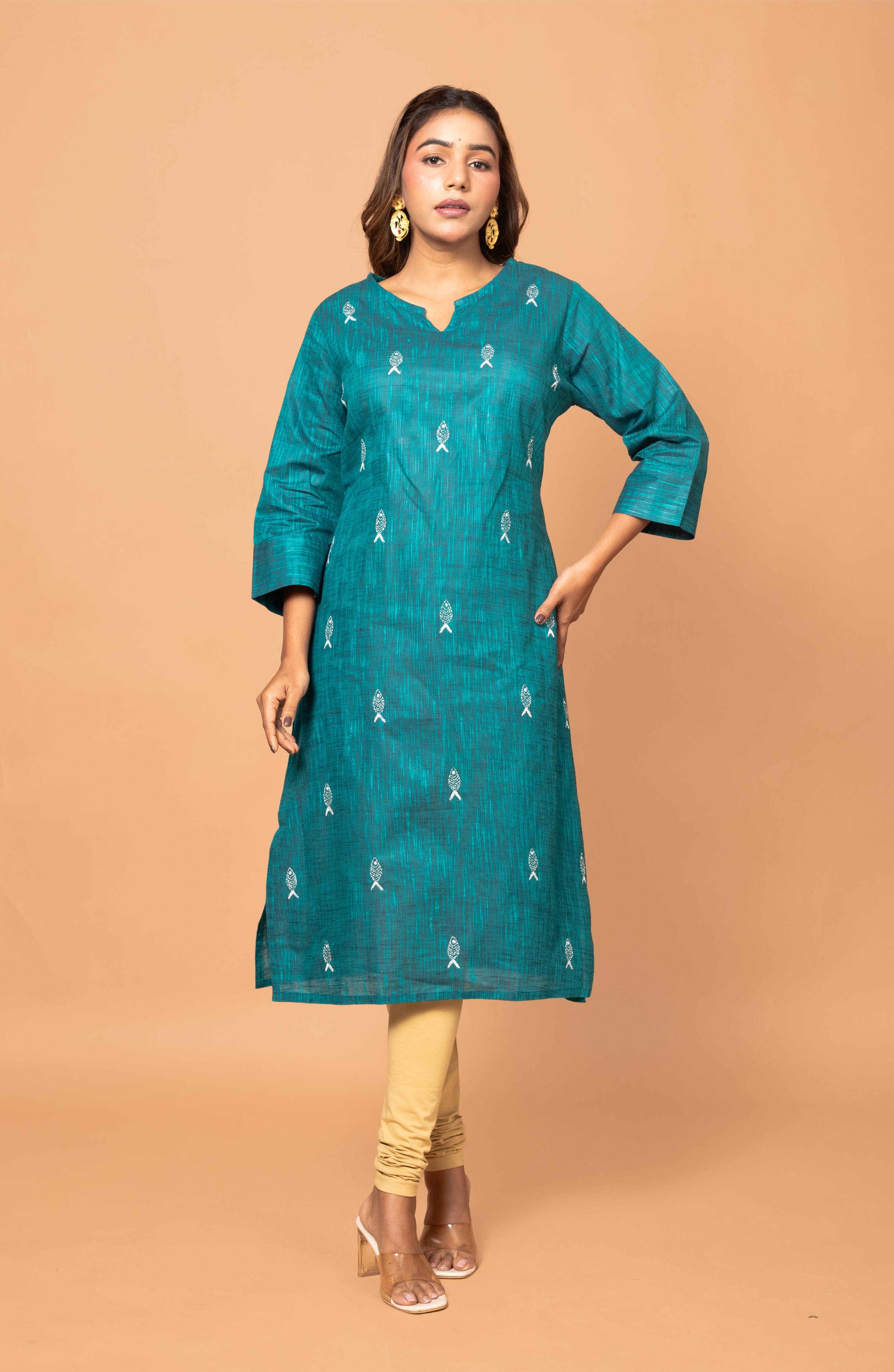 Teal Green Cotton Hand Embroidered Slim Fit Kurti