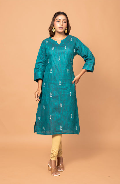 Teal Green Cotton Hand Embroidered Slim Fit Kurti