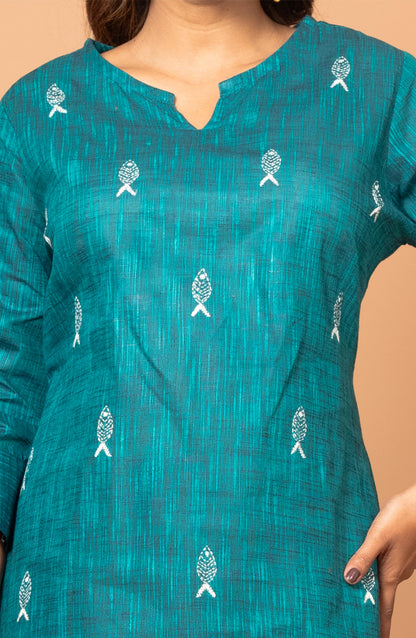 Teal Green Cotton Hand Embroidered Slim Fit Kurti
