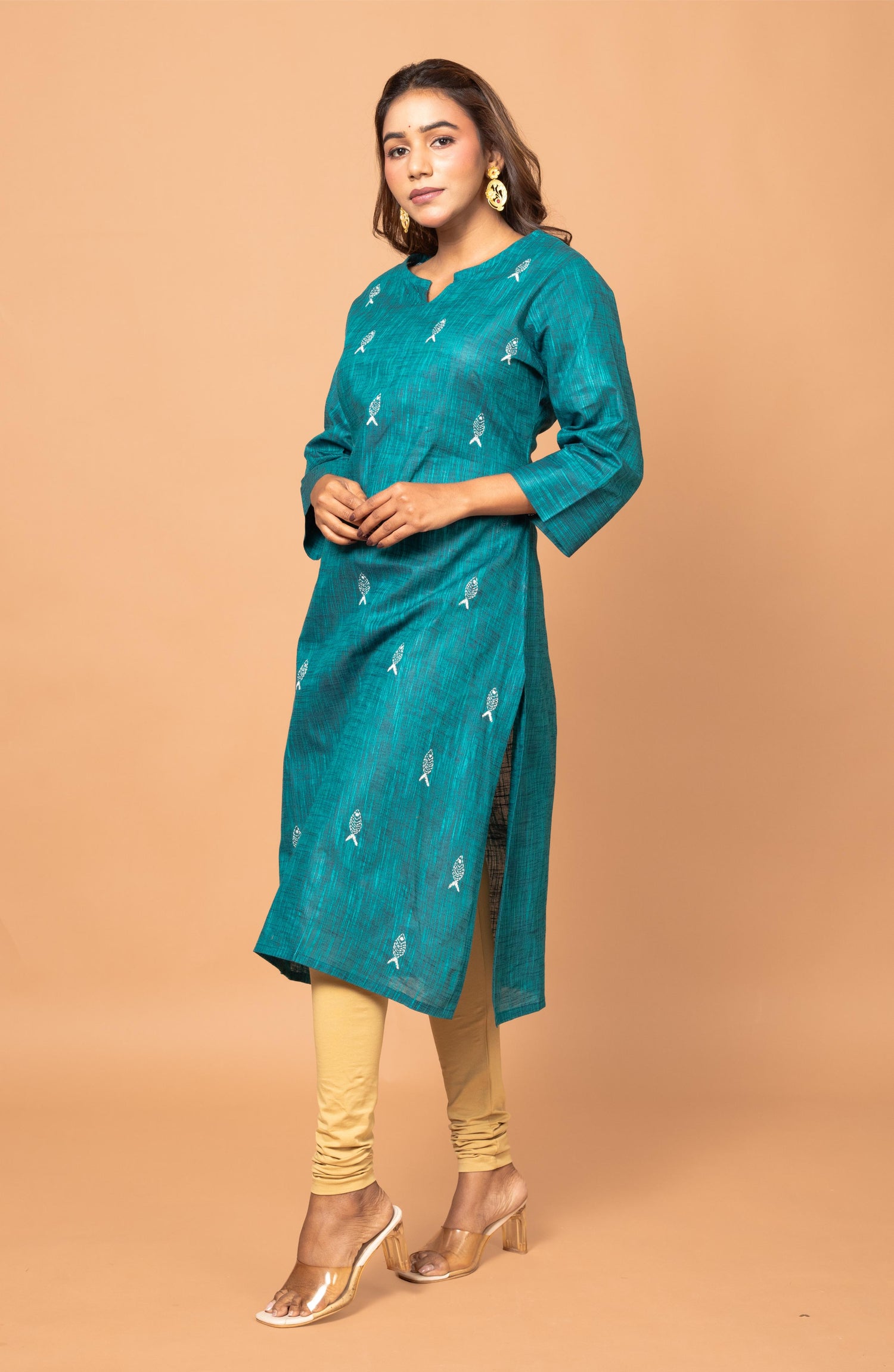 Teal Green Cotton Hand Embroidered Slim Fit Kurti