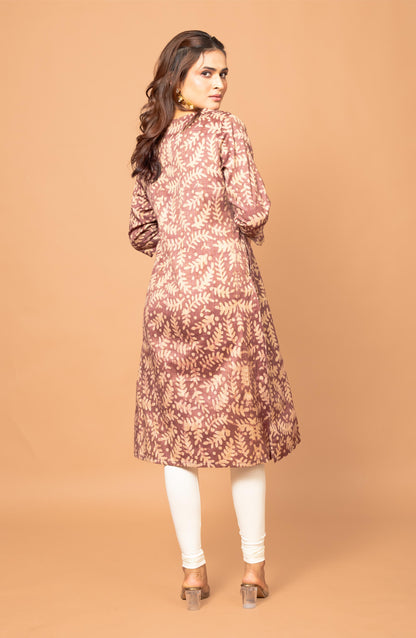 Burgundy Block Print Viscose Hand Embroidered Slim Fit Kurti