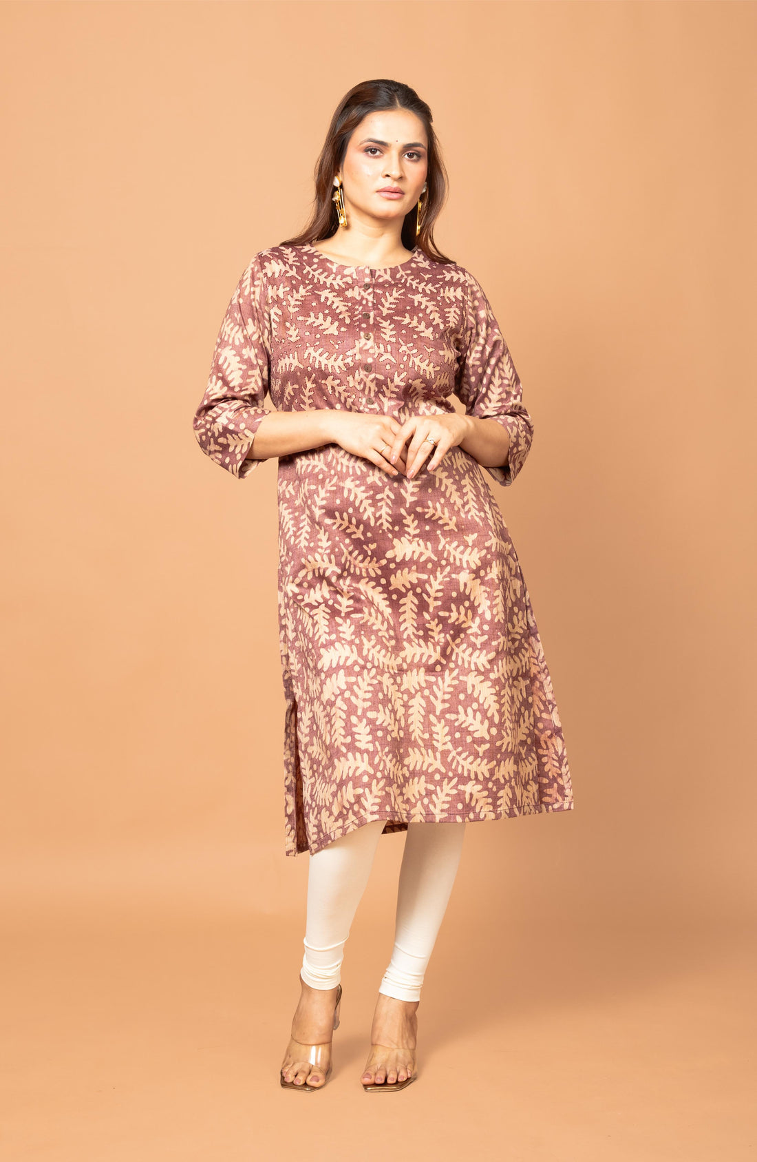 Burgundy Block Print Viscose Hand Embroidered Slim Fit Kurti
