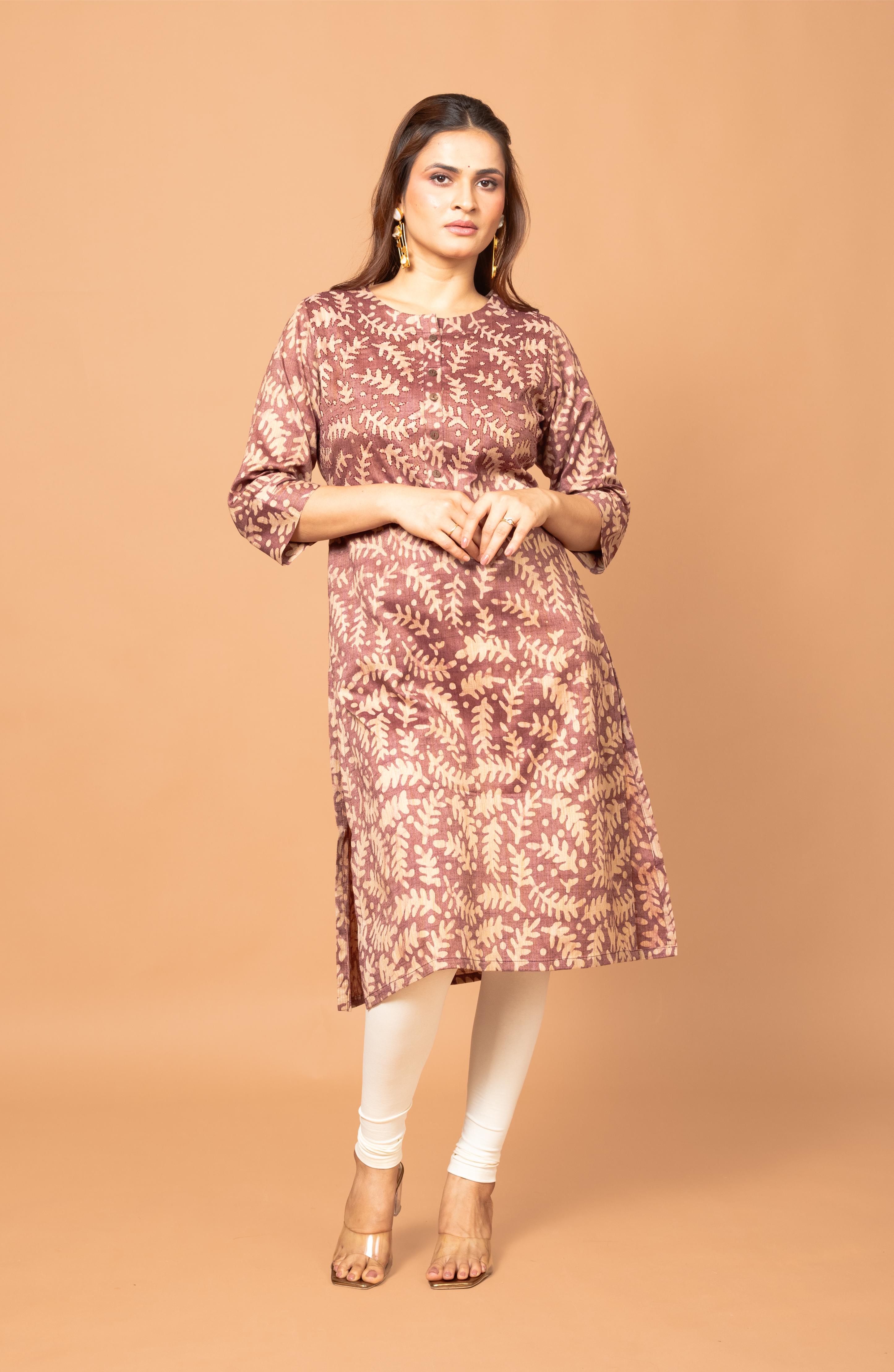 Burgundy Block Print Viscose Hand Embroidered Slim Fit Kurti