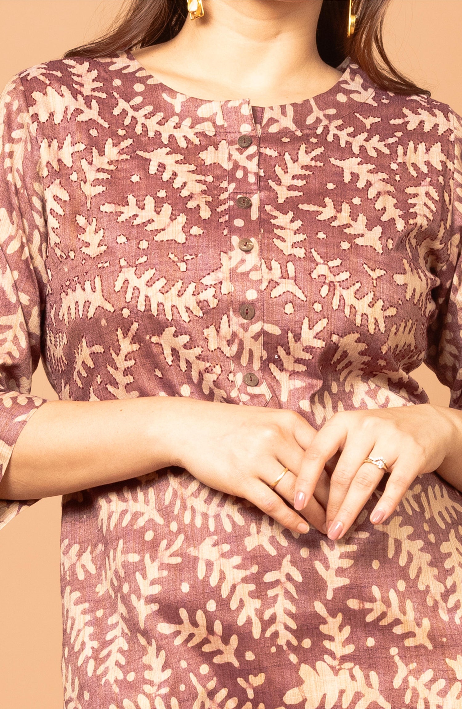 Burgundy Block Print Viscose Hand Embroidered Slim Fit Kurti