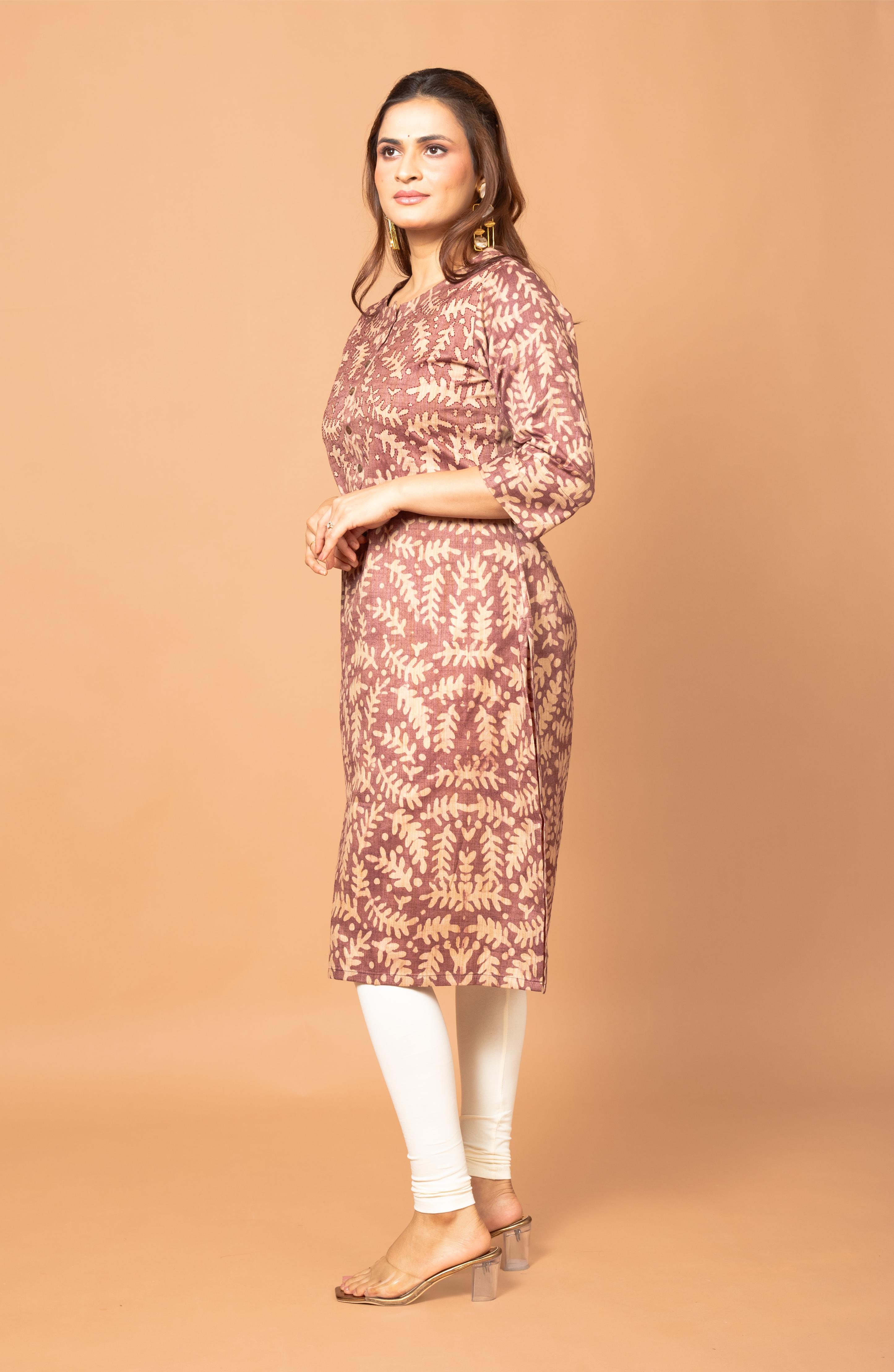 Burgundy Block Print Viscose Hand Embroidered Slim Fit Kurti