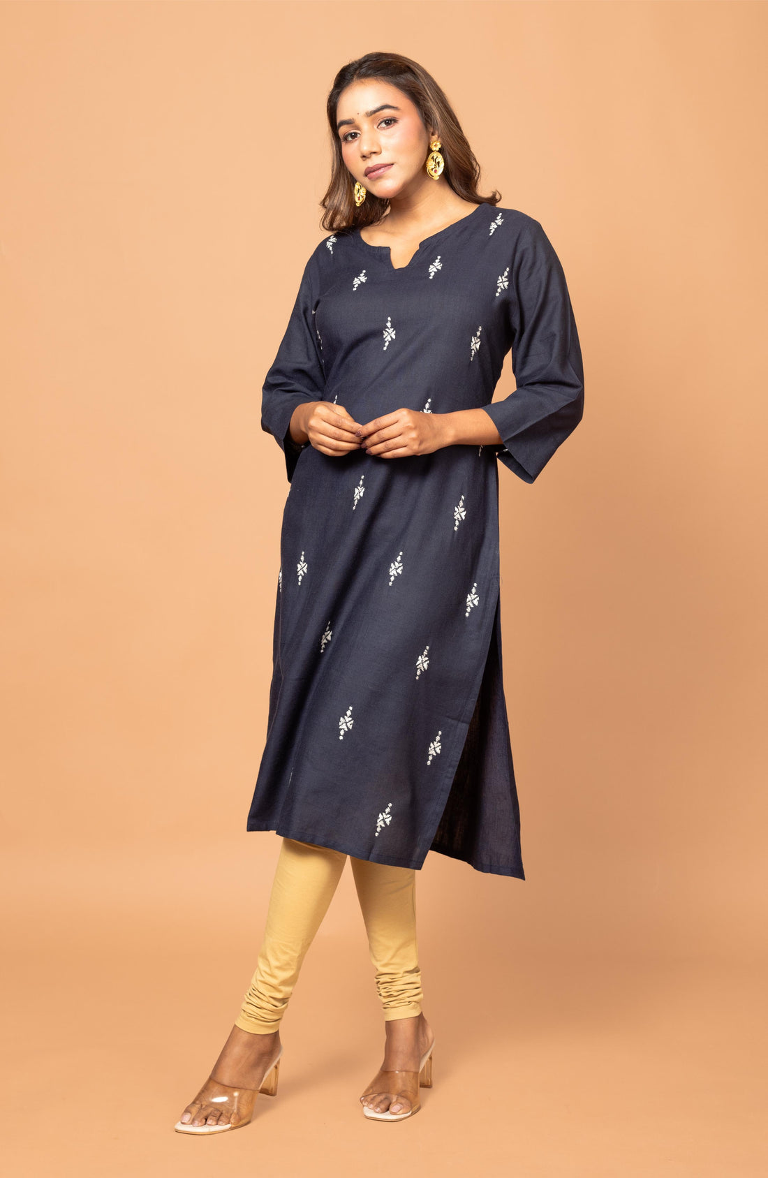 Navy Blue Long Hand Embroidered Slim Fit Kurti
