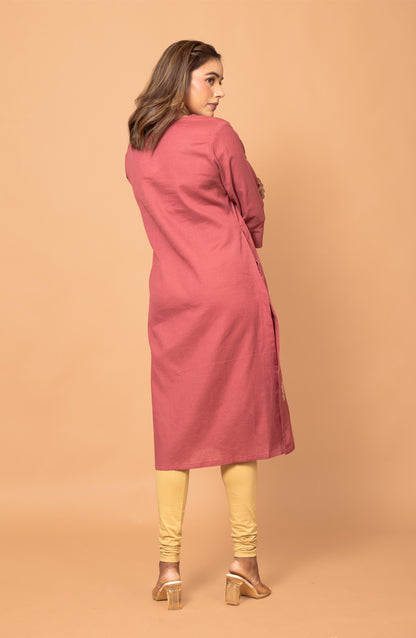 Rust Cotton Hand Embroidered Slim Fit Kurti