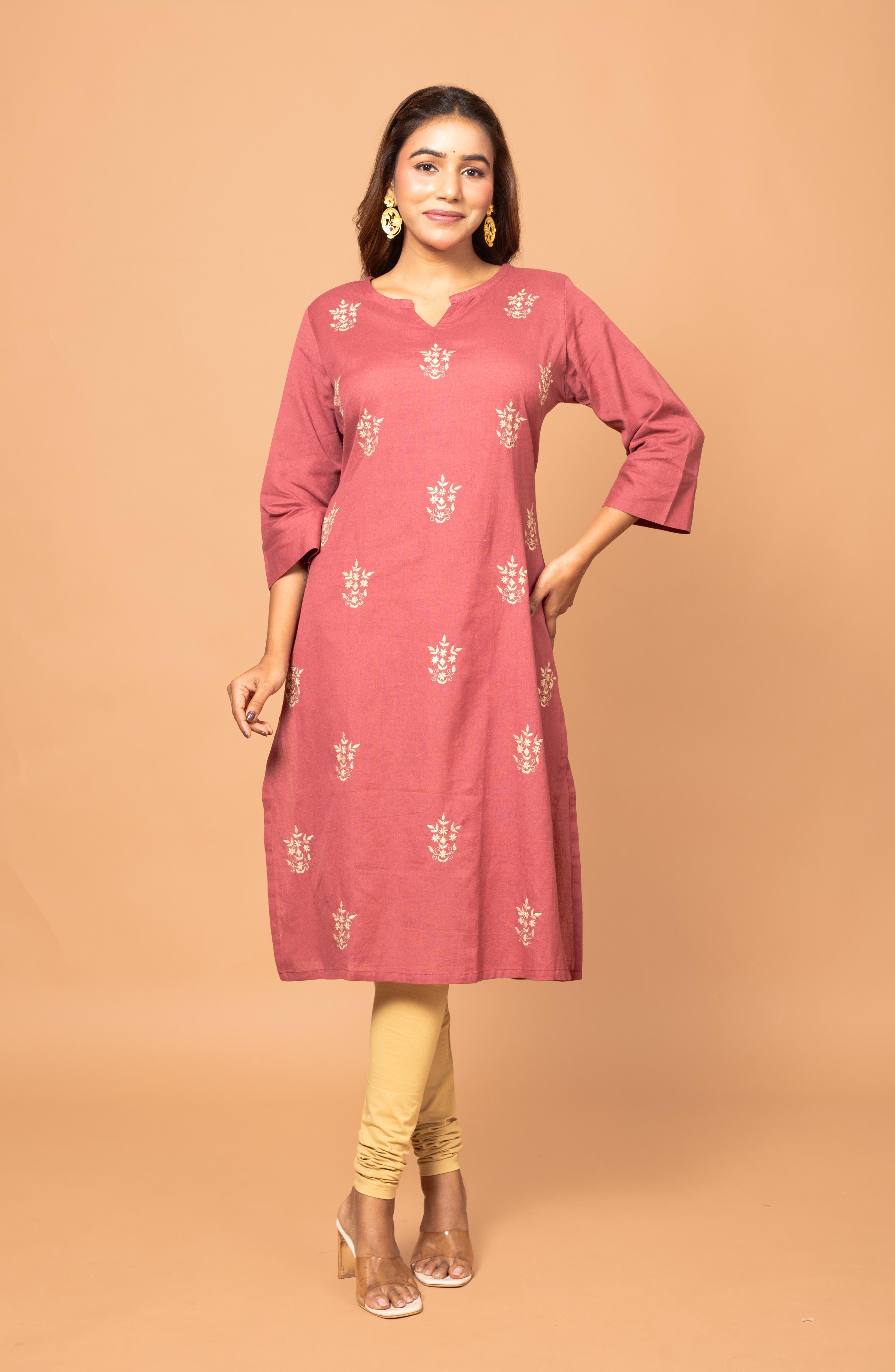 Rust Cotton Hand Embroidered Slim Fit Kurti